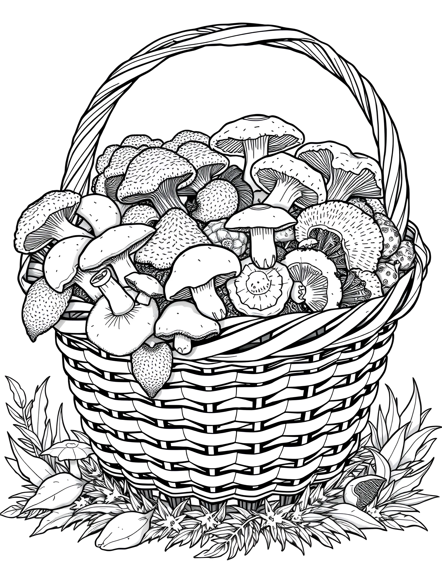 Mushroom Forager's Basket Coloring Page -- prompt: "A wicker basket filled with various types of wild mushrooms, some spilling over the edges." -- Explore the joy of mushroom hunting with this delightful forager's basket coloring page. A wicker basket overflows with a variety of wild mushrooms, each with unique shapes and patterns. This page is not only fun to color but also educational, introducing different mushroom species in an engaging way.