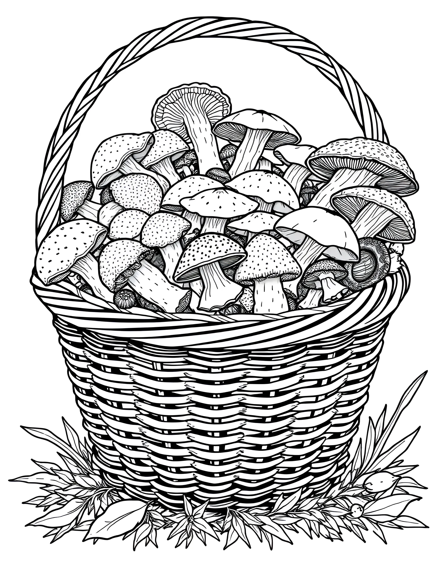 Mushroom Forager's Basket Coloring Page -- prompt: "A wicker basket filled with various types of wild mushrooms, some spilling over the edges." -- Explore the joy of mushroom hunting with this delightful forager's basket coloring page. A wicker basket overflows with a variety of wild mushrooms, each with unique shapes and patterns. This page is not only fun to color but also educational, introducing different mushroom species in an engaging way.