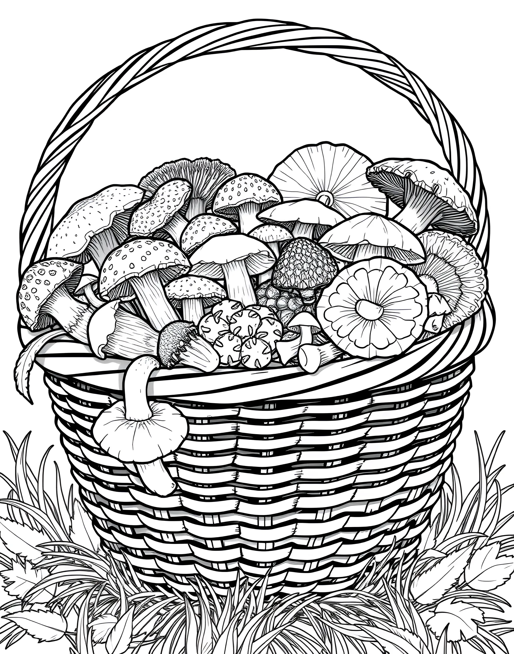 Mushroom Forager's Basket Coloring Page -- prompt: "A wicker basket filled with various types of wild mushrooms, some spilling over the edges." -- Explore the joy of mushroom hunting with this delightful forager's basket coloring page. A wicker basket overflows with a variety of wild mushrooms, each with unique shapes and patterns. This page is not only fun to color but also educational, introducing different mushroom species in an engaging way.