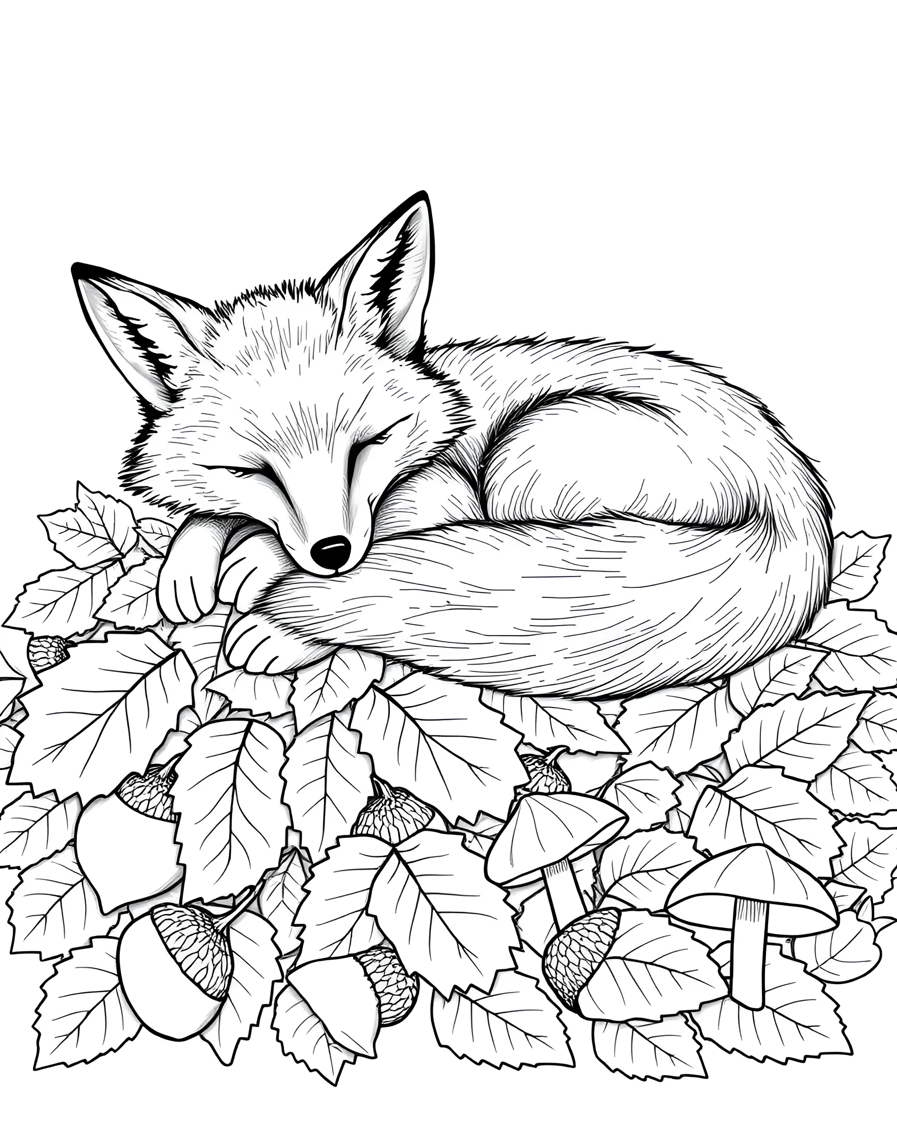 Sleepy Fox in an Autumn Forest Coloring Page -- prompt: "A fox sleeping on a pile of autumn leaves with acorns and mushrooms around." -- This cozy scene features a contented fox curled up among fallen leaves in an autumnal forest. Surrounded by acorns, mushrooms, and colorful leaves, this page captures the essence of fall. It's an ideal choice for those who love warm, earthy color palettes.