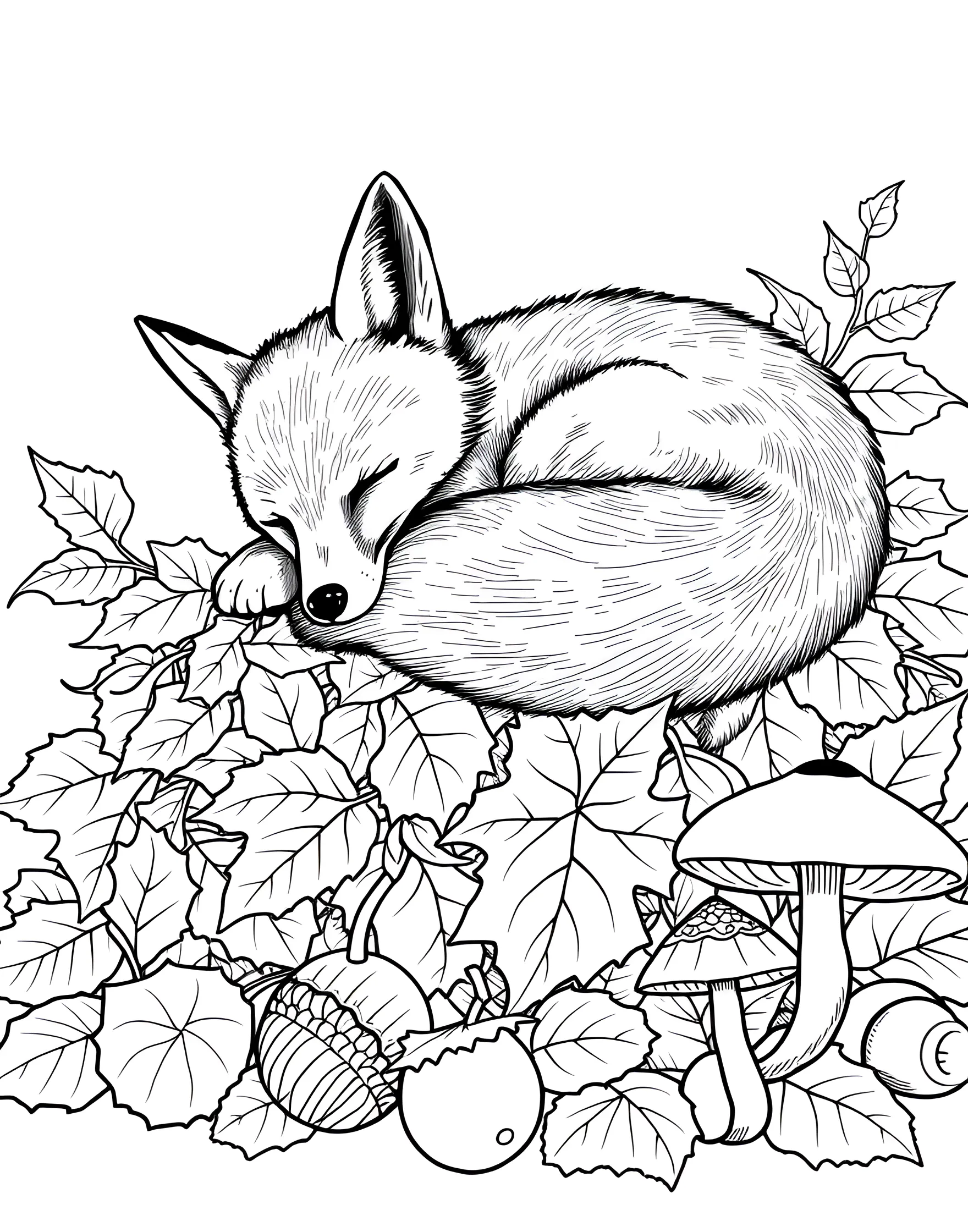 Sleepy Fox in an Autumn Forest Coloring Page -- prompt: "A fox sleeping on a pile of autumn leaves with acorns and mushrooms around." -- This cozy scene features a contented fox curled up among fallen leaves in an autumnal forest. Surrounded by acorns, mushrooms, and colorful leaves, this page captures the essence of fall. It's an ideal choice for those who love warm, earthy color palettes.