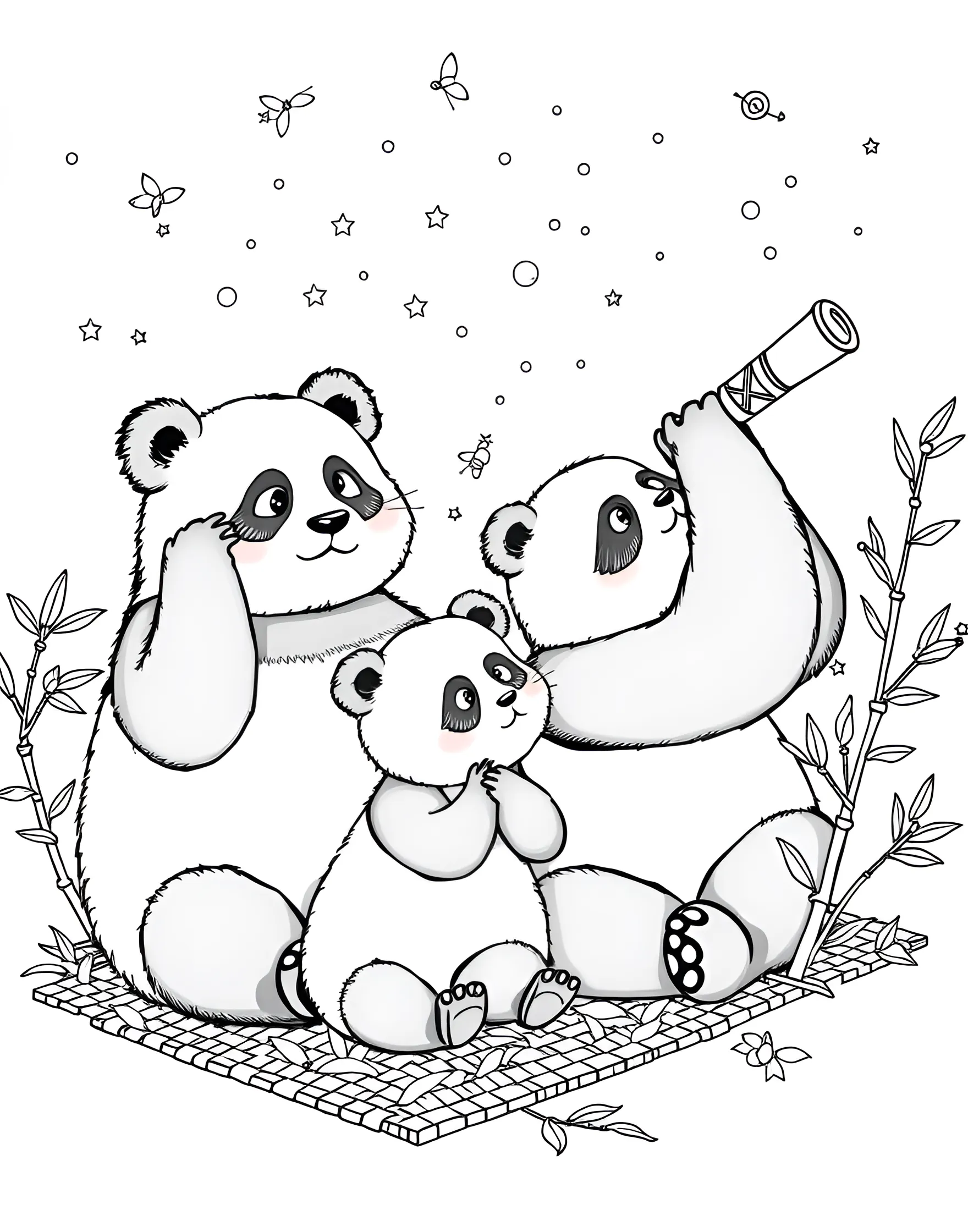 Panda's Bamboo Telescope Stargazing Coloring Page -- prompt: "Pandas using bamboo telescopes to stargaze, with a bamboo leaf star chart nearby." -- Explore the cosmos with curious pandas in this astronomical coloring page. Pandas peer through telescopes crafted from hollow bamboo stalks, observing stars and planets. A chart made of bamboo leaves shows constellations in the shapes of pandas and bamboo.