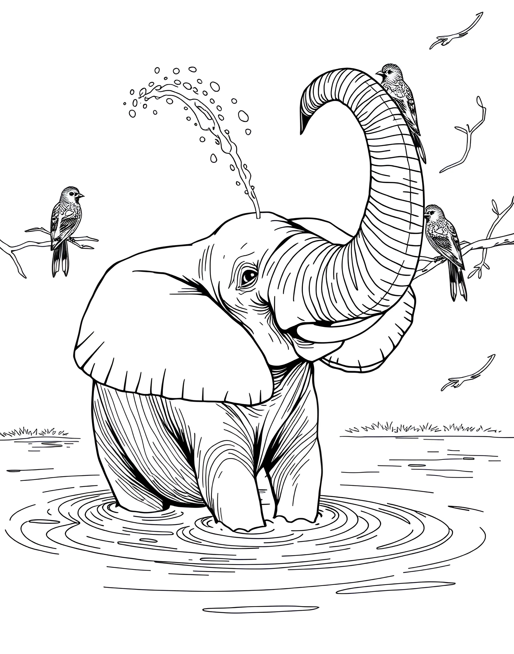 Elephant's Peaceful Bath Time Coloring Page -- prompt: "An elephant bathing in a river, spraying water over itself with birds perched nearby." -- This serene coloring page depicts an elephant enjoying a relaxing bath in a tranquil river. Surrounded by lush vegetation, the elephant uses its trunk to spray water over its back. It's a perfect representation of how these animals cool off and maintain their skin in the wild.