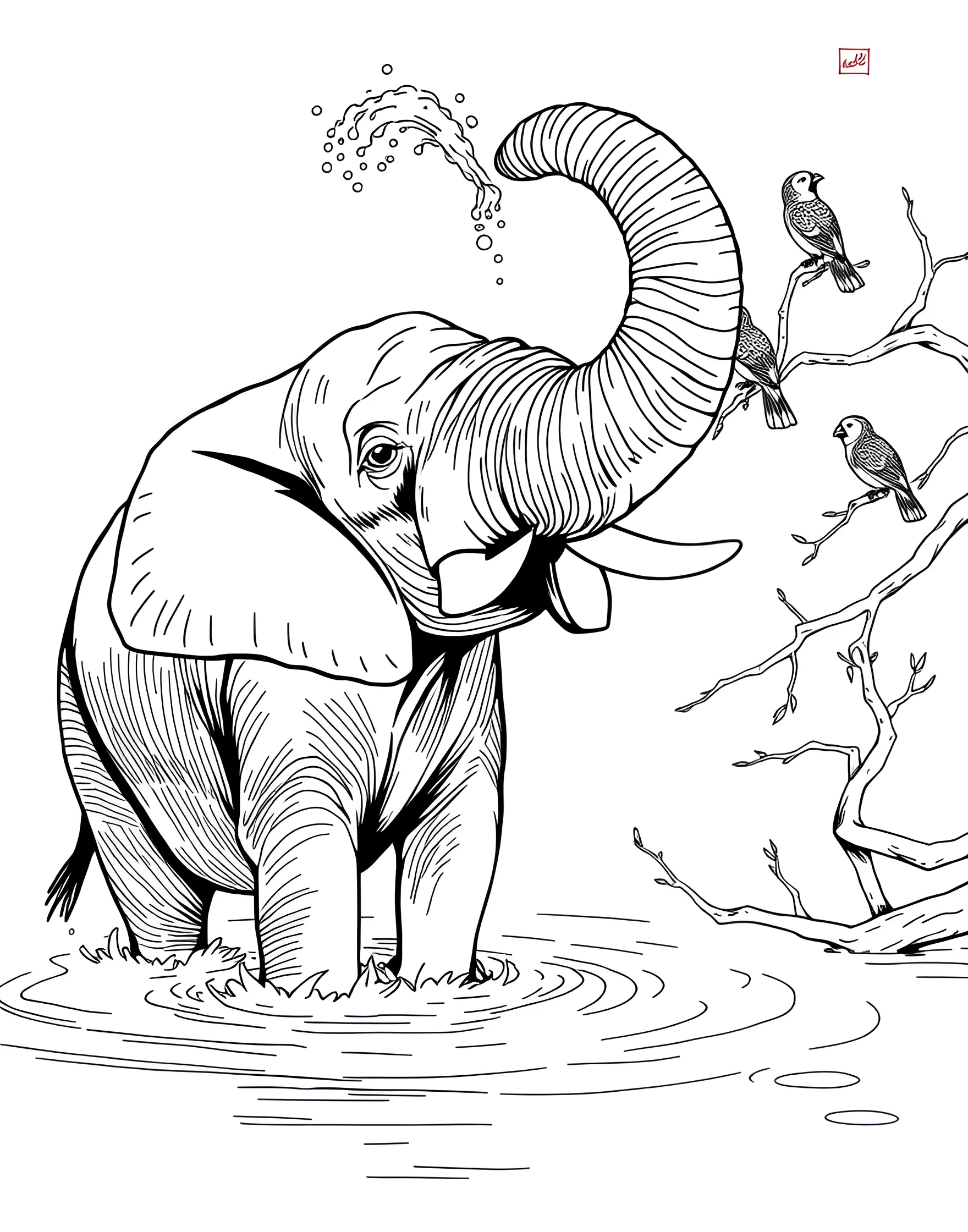 Elephant's Peaceful Bath Time Coloring Page -- prompt: "An elephant bathing in a river, spraying water over itself with birds perched nearby." -- This serene coloring page depicts an elephant enjoying a relaxing bath in a tranquil river. Surrounded by lush vegetation, the elephant uses its trunk to spray water over its back. It's a perfect representation of how these animals cool off and maintain their skin in the wild.