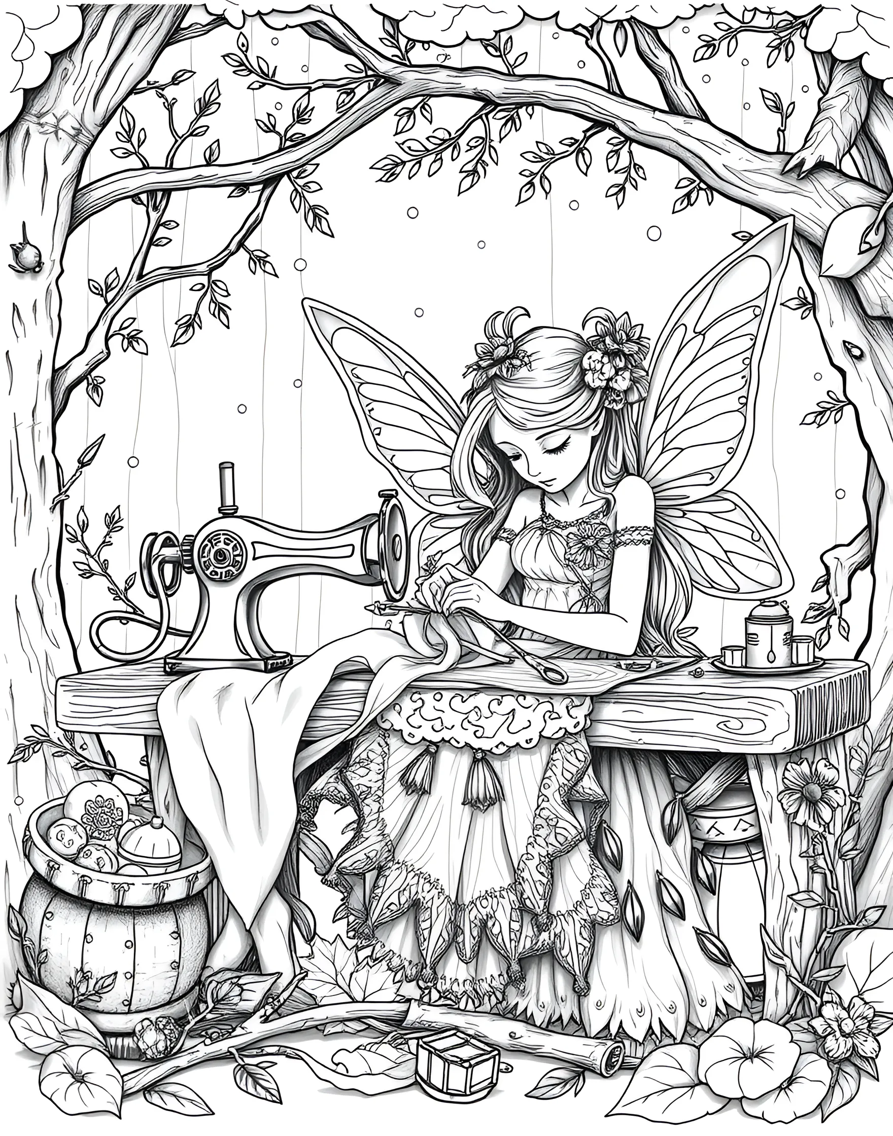 Fairy Seamstress Creating Petal Gowns Coloring Page -- prompt: "A fairy seamstress creating gowns from flower petals and spider silk, in a workshop with natural tool and a found-object sewing machine." -- Fashion takes flight in this creative coloring page showcasing a fairy seamstress at work. The fairy uses spider silk thread and flower petals to create stunning gowns. Her workshop is filled with mannequins draped in delicate designs, scissors made from thorns, and a sewing machine cleverly constructed from found objects in nature.