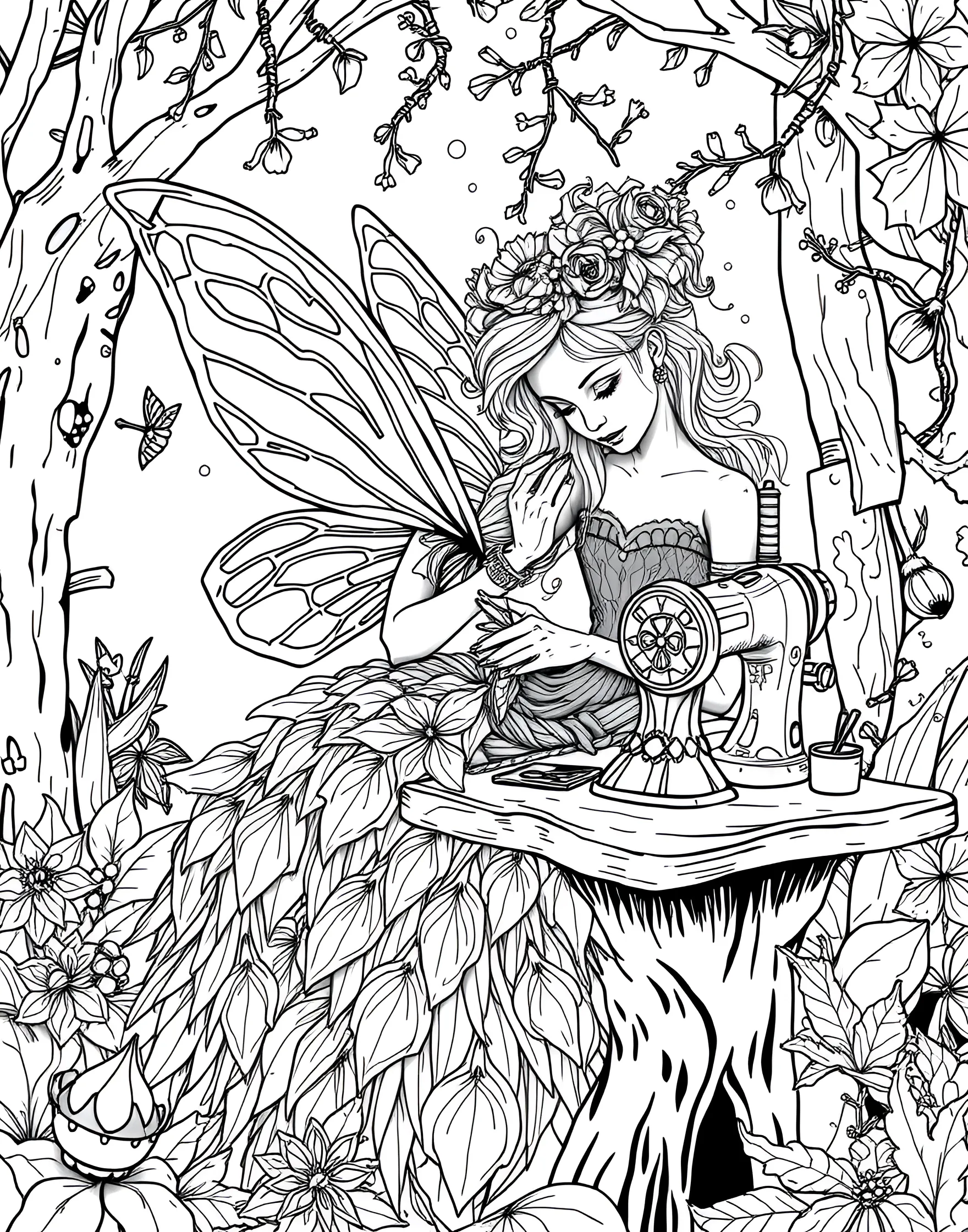 Fairy Seamstress Creating Petal Gowns Coloring Page -- prompt: "A fairy seamstress creating gowns from flower petals and spider silk, in a workshop with natural tool and a found-object sewing machine." -- Fashion takes flight in this creative coloring page showcasing a fairy seamstress at work. The fairy uses spider silk thread and flower petals to create stunning gowns. Her workshop is filled with mannequins draped in delicate designs, scissors made from thorns, and a sewing machine cleverly constructed from found objects in nature.