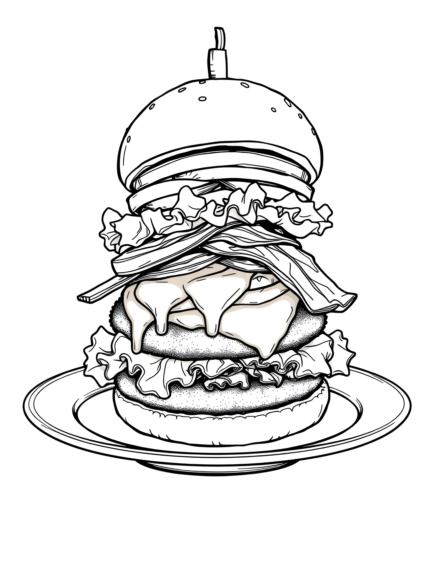 Burger Bonanza Coloring Page -- prompt: "A large, multi-layered burger with lettuce, tomato, cheese, and other toppings on a plate." -- This coloring page features a towering burger stacked with layers of delicious ingredients. From the sesame-studded bun to the juicy patty and fresh vegetables, there's plenty of detail to bring to life with color. It's a great way to explore the components of this classic favorite!