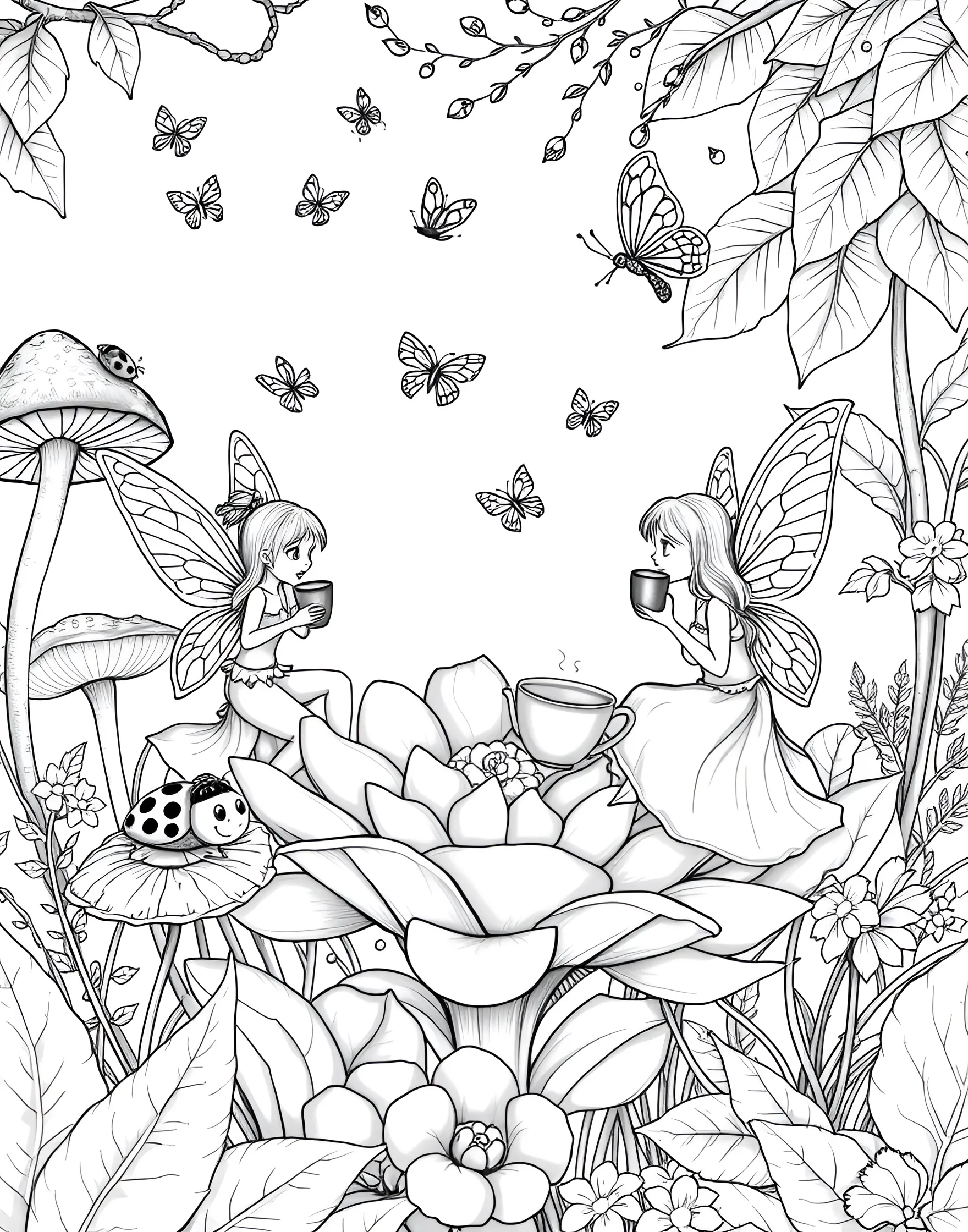 Fairy's Flower Garden Tea Party Coloring Page -- prompt: "Cute fairies having a tea party on flowers with insects in a magical garden." -- Enter a world of miniature magic with this charming coloring page depicting a fairy hosting a tea party in a flower garden. Tiny fairies are seated on flower petals, sipping from acorn cups, while butterflies and ladybugs join the festivities. This page is filled with delicate, cute details that are a joy to color.