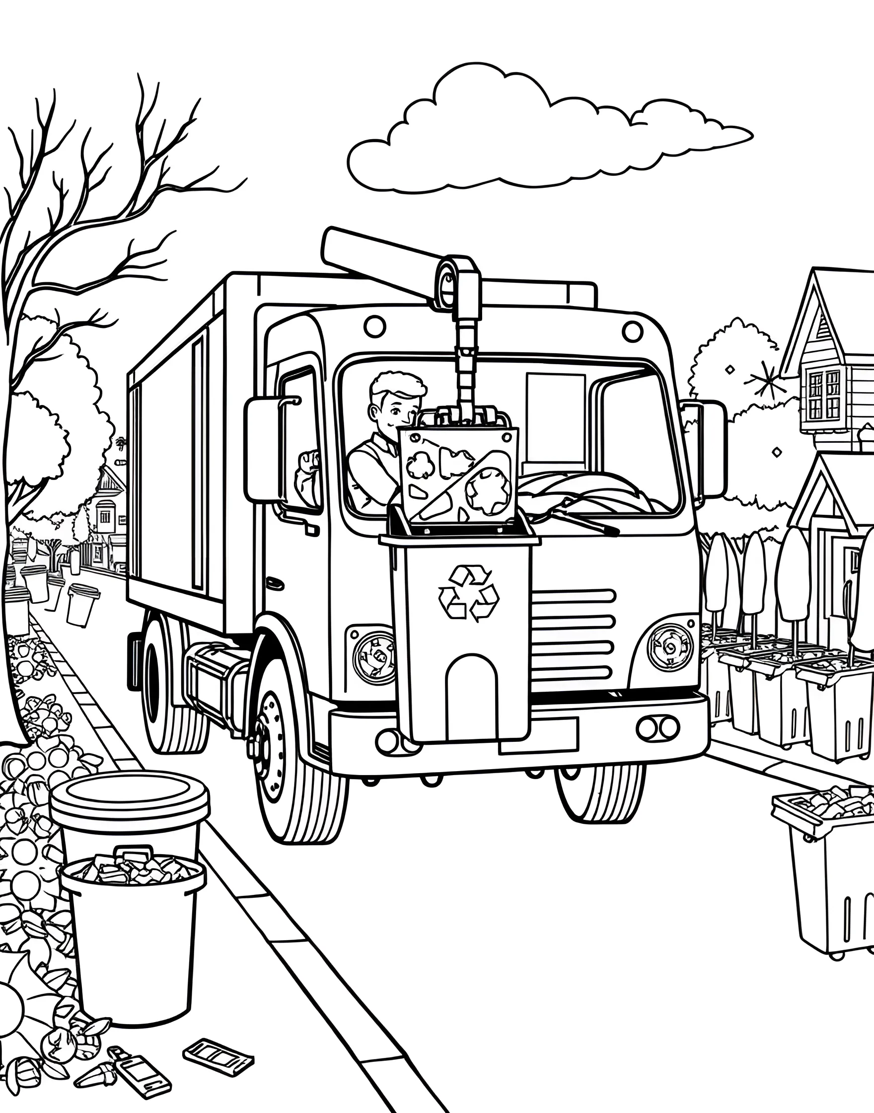 Recycling Truck Eco-Hero Coloring Page -- prompt: "A recycling truck collecting bins filled with recyclable materials on a residential street." -- Save the planet one color at a time with this Recycling Truck Eco-Hero coloring page! The environmentally friendly truck is depicted collecting recyclables from neighborhood bins. This page provides an excellent opportunity to discuss the importance of recycling and how everyone can contribute to a cleaner, greener world.