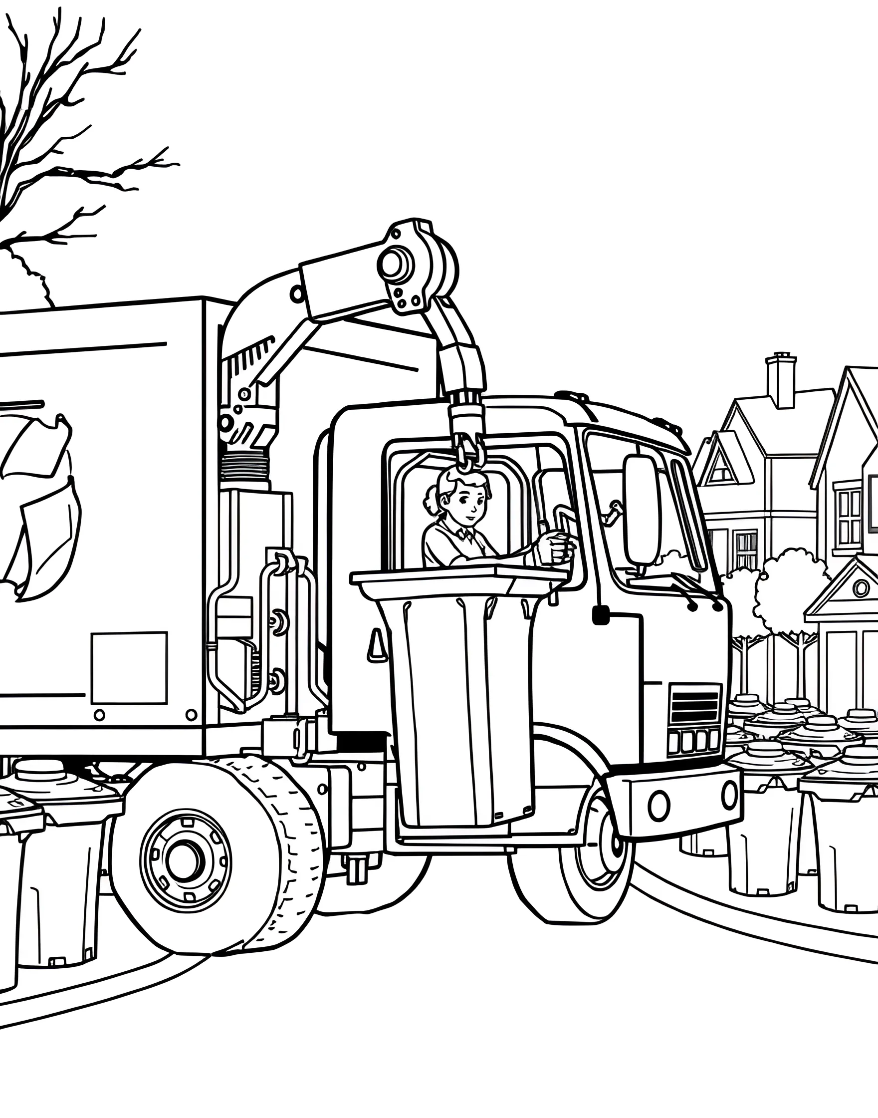 Recycling Truck Eco-Hero Coloring Page -- prompt: "A recycling truck collecting bins filled with recyclable materials on a residential street." -- Save the planet one color at a time with this Recycling Truck Eco-Hero coloring page! The environmentally friendly truck is depicted collecting recyclables from neighborhood bins. This page provides an excellent opportunity to discuss the importance of recycling and how everyone can contribute to a cleaner, greener world.