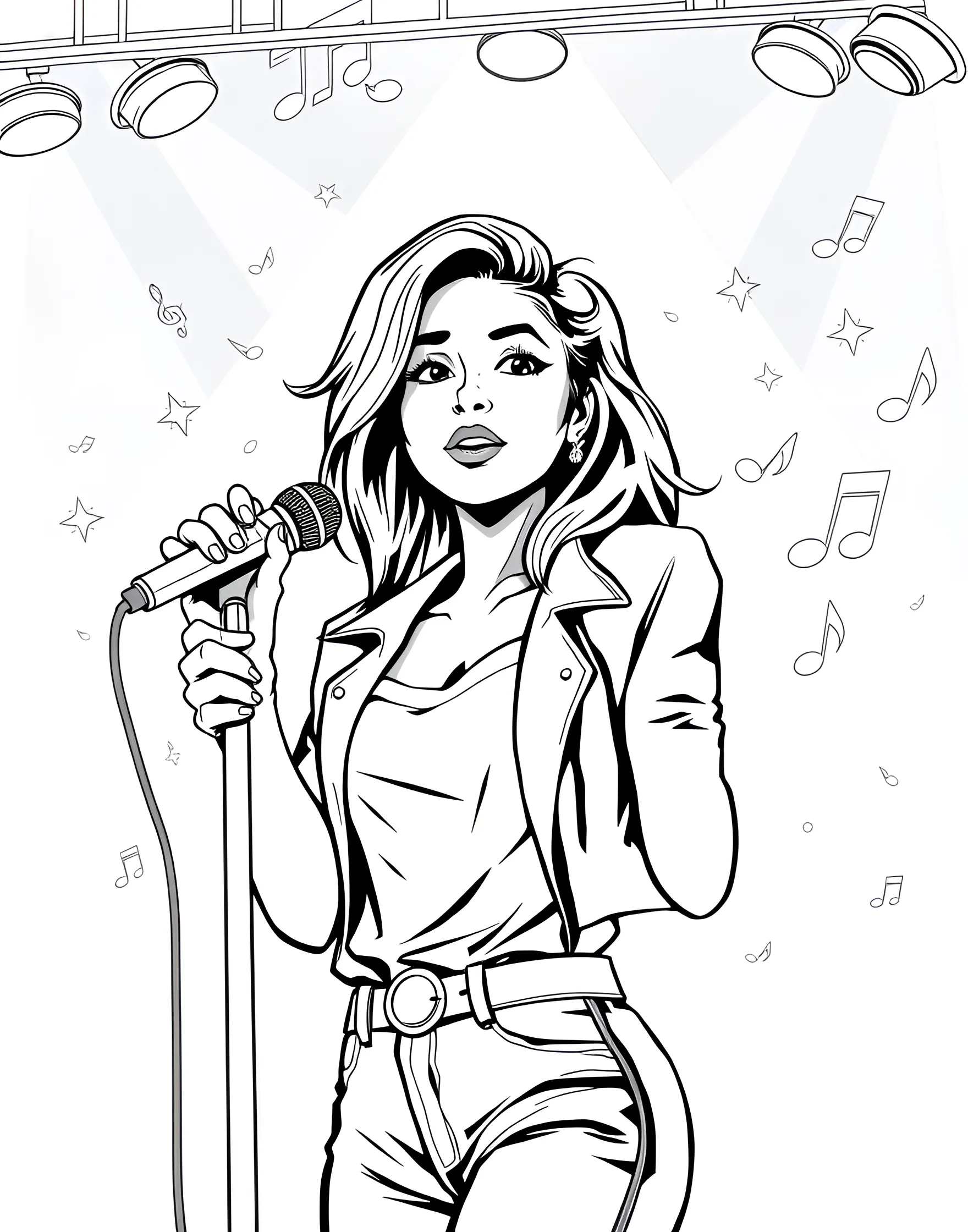 Pop Star on Stage Coloring Page -- prompt: "A girl pop star singing on stage with a microphone, spotlights, and musical notes around her." -- Let girls unleash their inner pop star with this exciting coloring page. A young singer takes center stage, microphone in hand, surrounded by spotlights and musical notes. Her fashionable outfit and hairstyle offer plenty of opportunities for creative coloring and personalization.