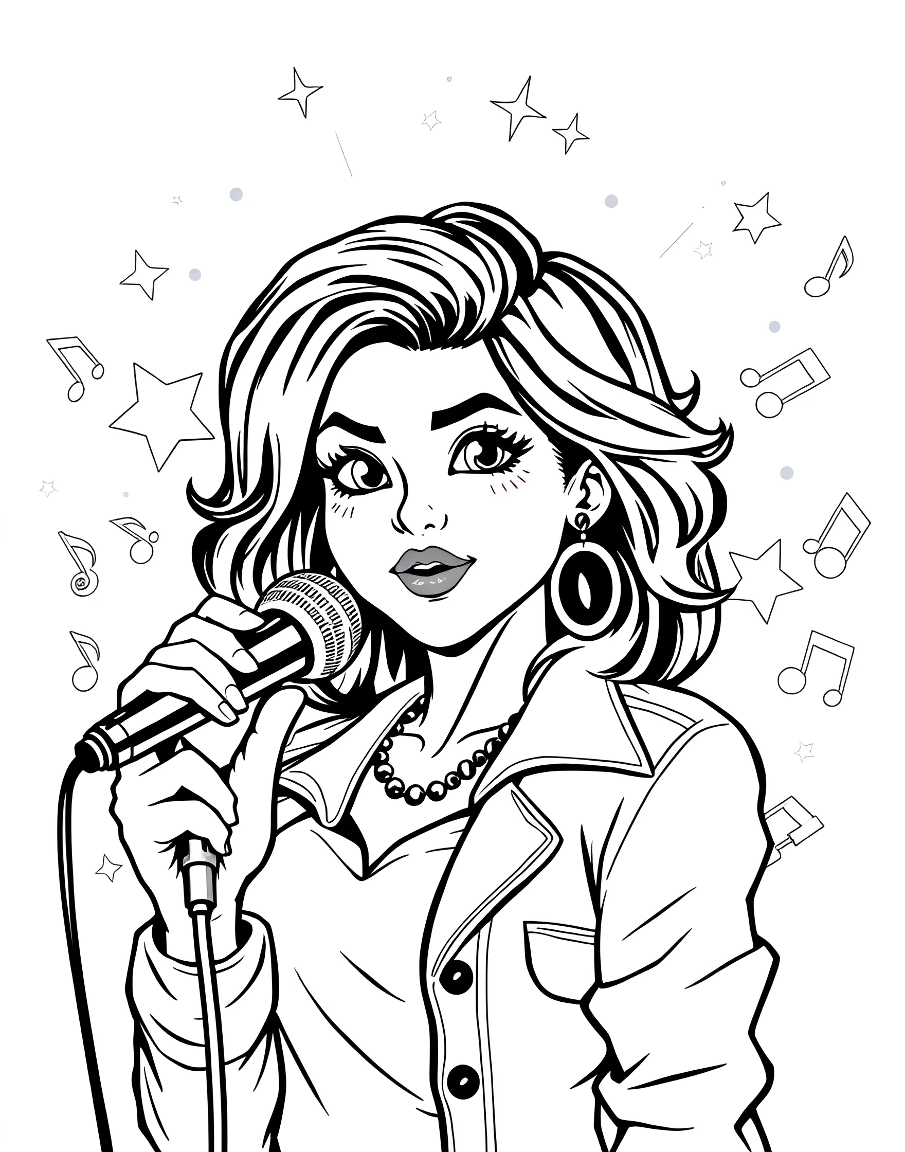 Pop Star on Stage Coloring Page -- prompt: "A girl pop star singing on stage with a microphone, spotlights, and musical notes around her." -- Let girls unleash their inner pop star with this exciting coloring page. A young singer takes center stage, microphone in hand, surrounded by spotlights and musical notes. Her fashionable outfit and hairstyle offer plenty of opportunities for creative coloring and personalization.