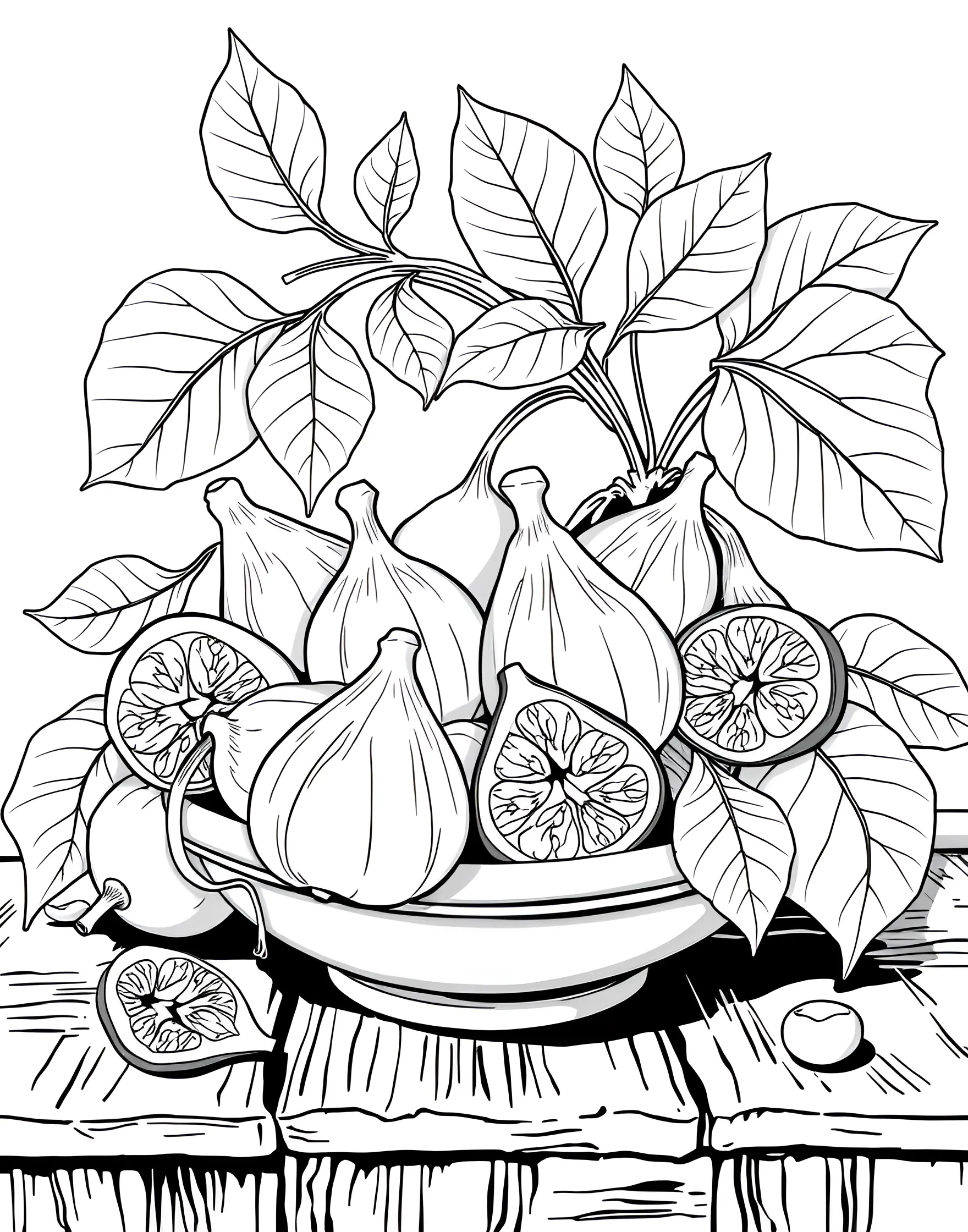 Fig Fiesta Coloring Page -- prompt: "An arrangement of whole and halved figs with fig leaves in a Mediterranean setting." -- Celebrate the unique charm of figs with this enticing coloring page. A collection of whole and halved figs showcases both their exterior texture and luscious interior. Fig leaves with their distinctive shape add a touch of Mediterranean flair to the scene.