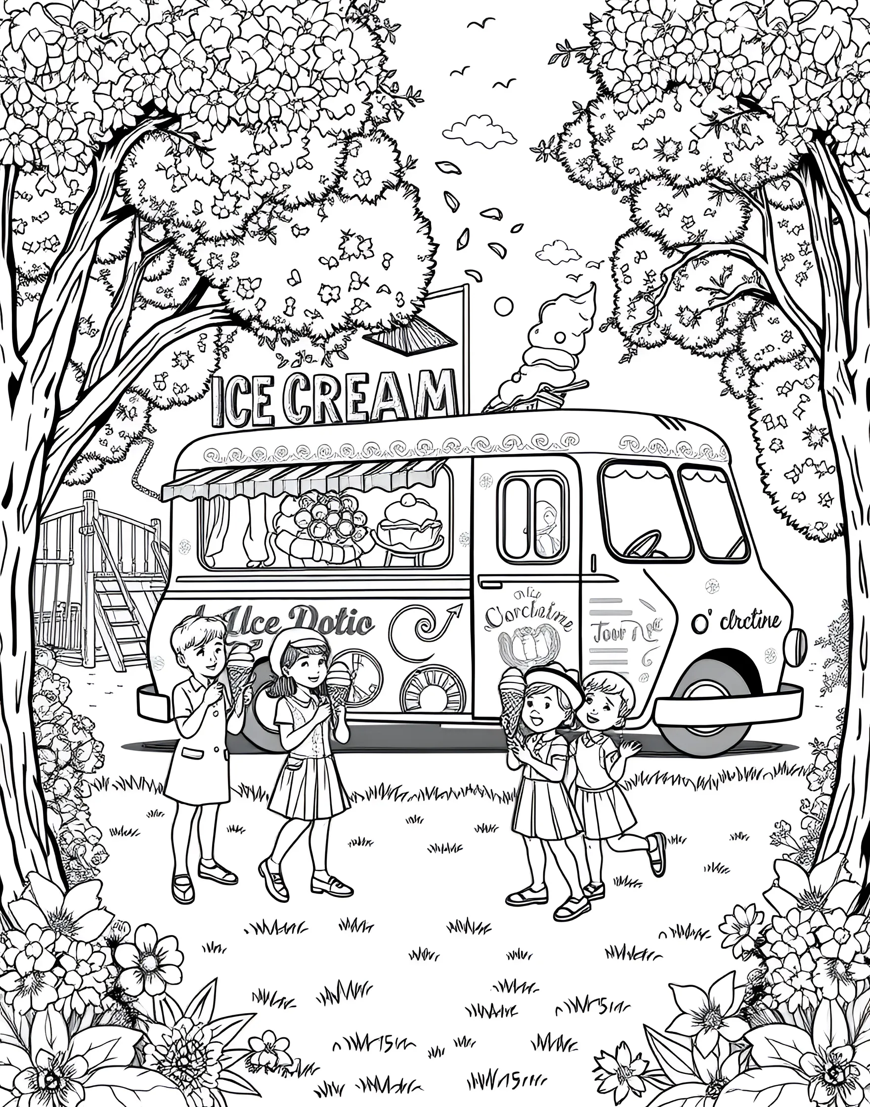 Ice Cream Truck Paradise Coloring Page -- prompt: "A cheerful, vintage ice cream truck parked in a sunny park, surrounded by happy children." -- Step into a world of sweet nostalgia with this charming ice cream truck coloring page. The vintage-style truck is adorned with colorful illustrations of various ice cream treats, inviting children and adults alike to relive fond memories. This page offers a delightful mix of detail and whimsy, perfect for those who enjoy intricate designs and storytelling through art.