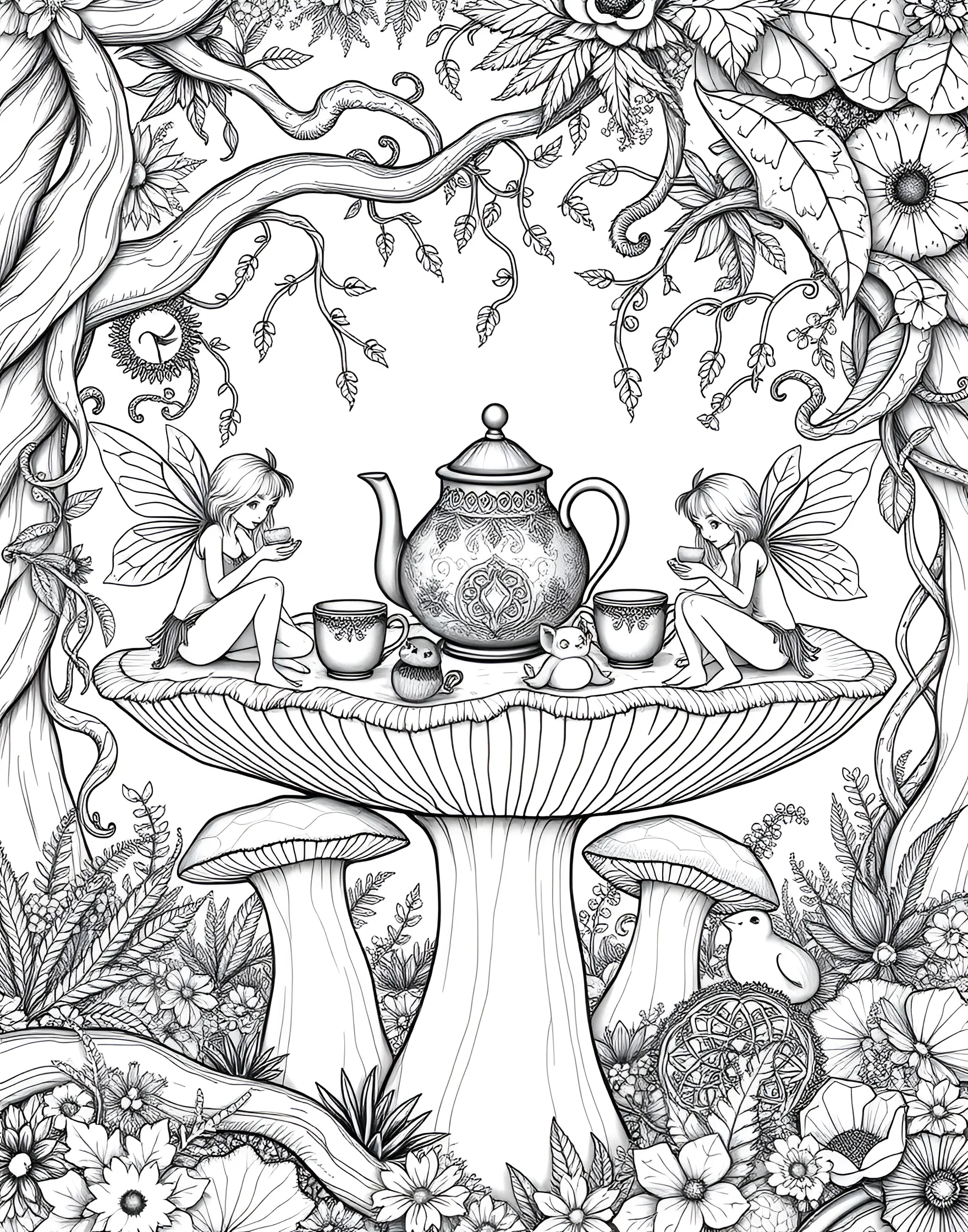 Fairy Tea Party in the Mushroom Garden Coloring Page -- prompt: "A group of fairies having a tea party on top of large mushrooms in a magical forest." -- This charming coloring page depicts a group of fairies having a delightful tea party atop giant mushrooms. The scene is filled with intricate details, from the delicate tea set to the swirling patterns on the fairies' dresses. Children and adults alike will love adding vibrant colors to this whimsical forest gathering.