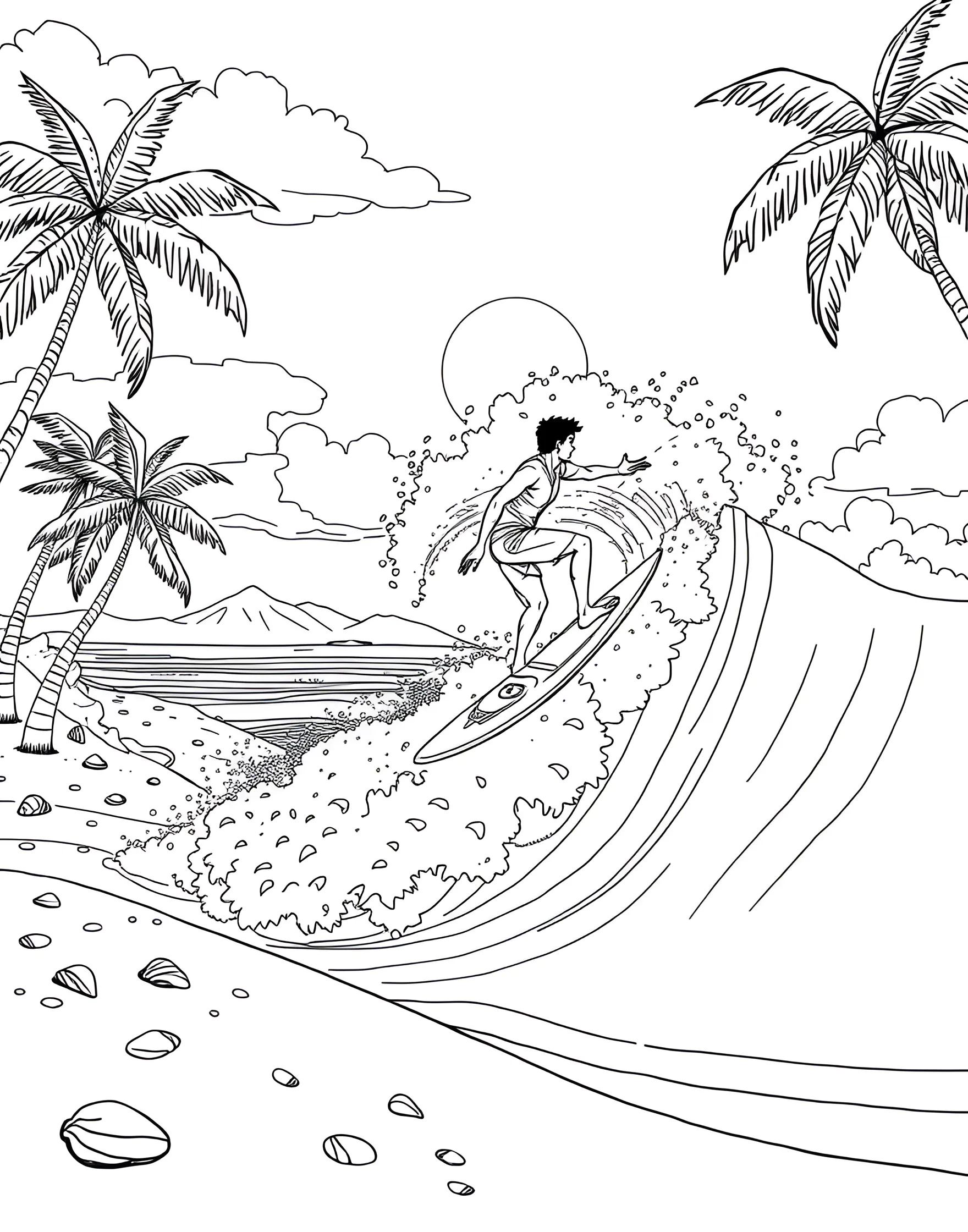 Surfing Champion Coloring Page -- prompt: "A surfer riding a large wave with a beach and palm trees in the background." -- Catch a wave of excitement with this surfing champion coloring page. A skilled surfer rides a massive wave, showcasing perfect balance and technique. This page brings the thrill of ocean sports to life, perfect for boys who dream of beach adventures.