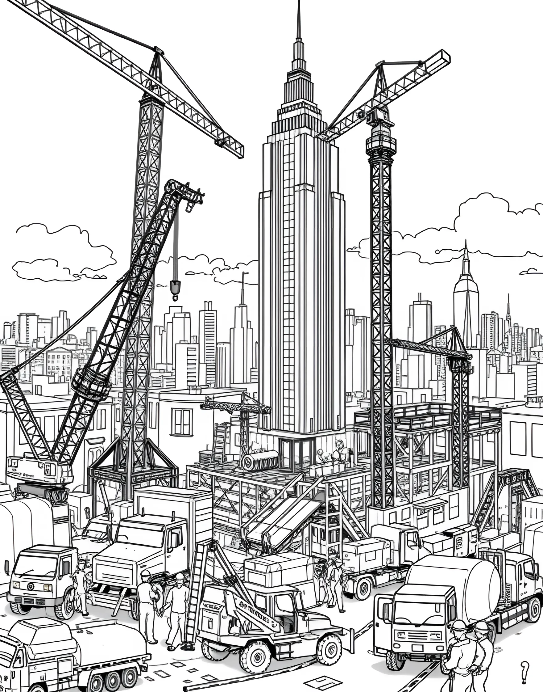 Construction Site Coloring Page -- prompt: "A construction site with cranes, bulldozers, and workers building a skyscraper." -- Build excitement with this construction site coloring page. A busy construction scene features various vehicles and workers erecting a tall building. Boys fascinated by how things are built will love adding color to every detail of this industrious scene.