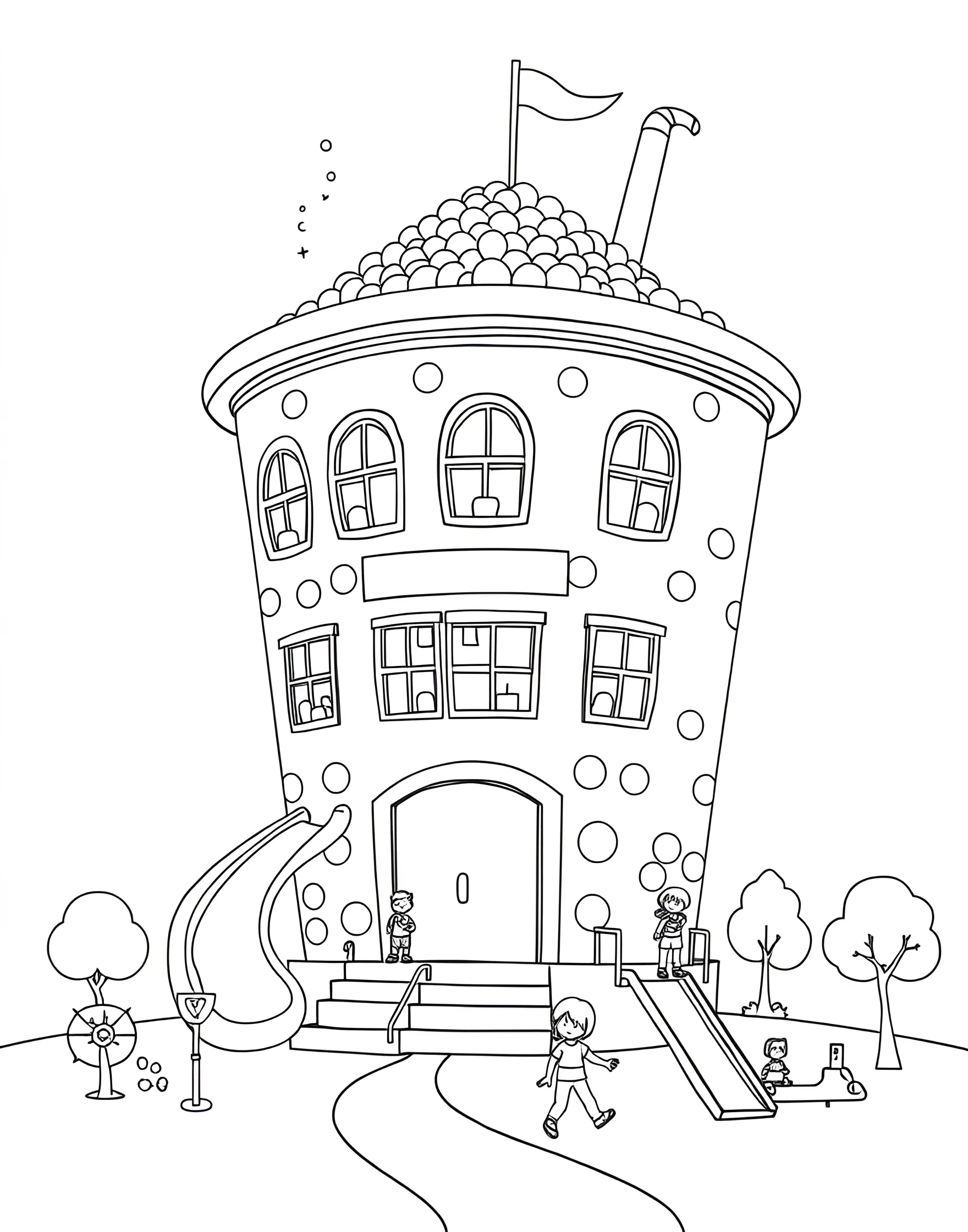 Boba Drink School Coloring Page -- prompt: "A school shaped like a boba cup with classrooms learning about boba and a playground with boba-themed equipment." -- Welcome to Boba Elementary in this educational and fun coloring page. The school building is shaped like a giant boba cup, with classrooms learning about different aspects of boba culture. The playground features boba-themed equipment, like tapioca pearl swings and a straw slide.