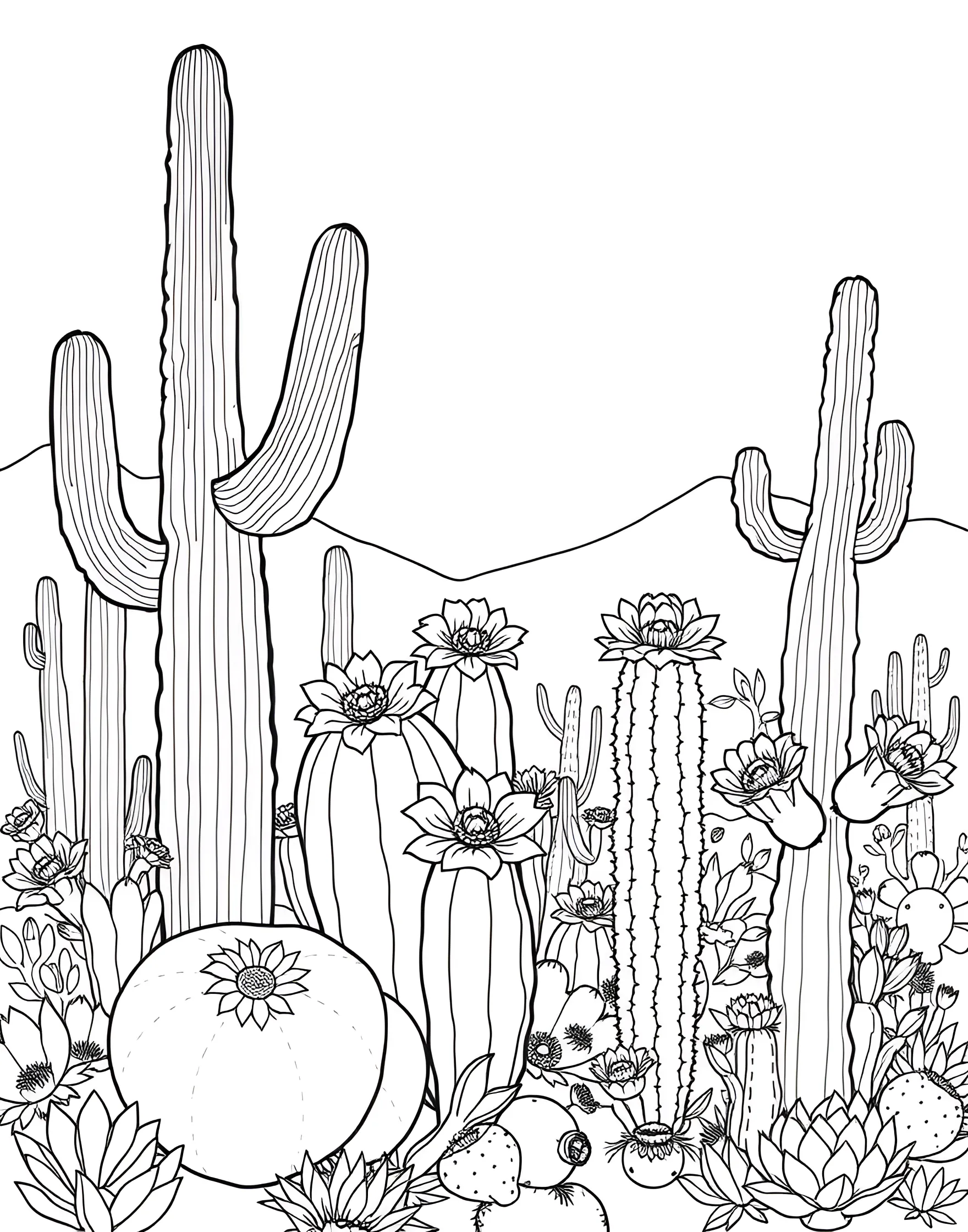 Elegant Cactus Flower Coloring Page -- prompt: "A group of cacti with their distinctive shapes, adorned with delicate, blooming flowers." -- Discover the unexpected beauty of desert blooms with this elegant cactus flower coloring page. Delicate flowers contrast with the spiny forms of cacti, creating an intriguing visual. This page is perfect for those who appreciate the unique beauty of desert flora.