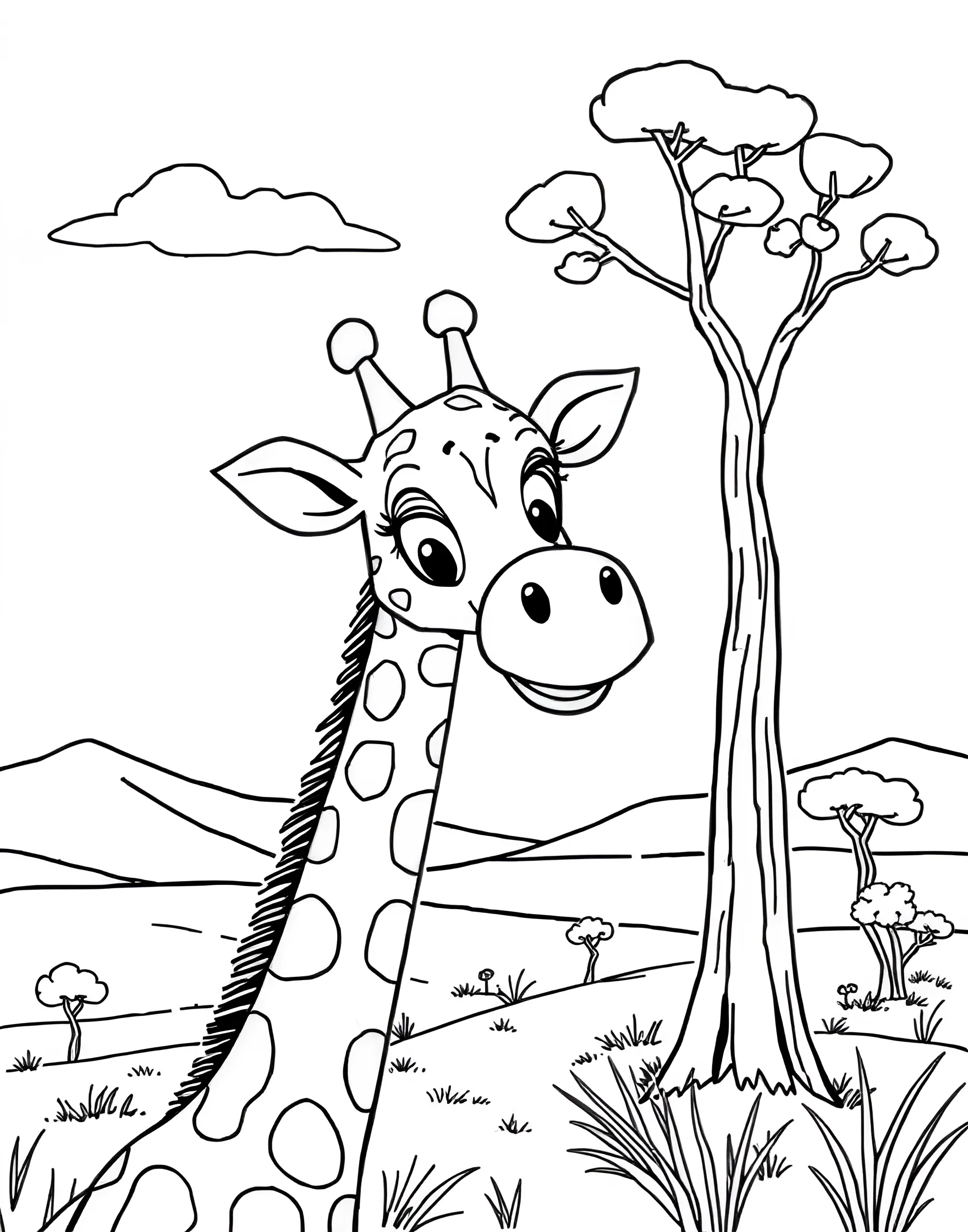 Gentle Giraffe Munching on Leaves Coloring Page -- prompt: "A cartoon giraffe stretching its long neck to eat leaves from a tall acacia tree on an African savanna." -- This serene coloring page features a tall, elegant giraffe reaching up to munch on leaves from a treetop. The giraffe's long eyelashes and kind eyes add to its gentle demeanor. This page offers a great opportunity to experiment with various shades of yellow and brown.