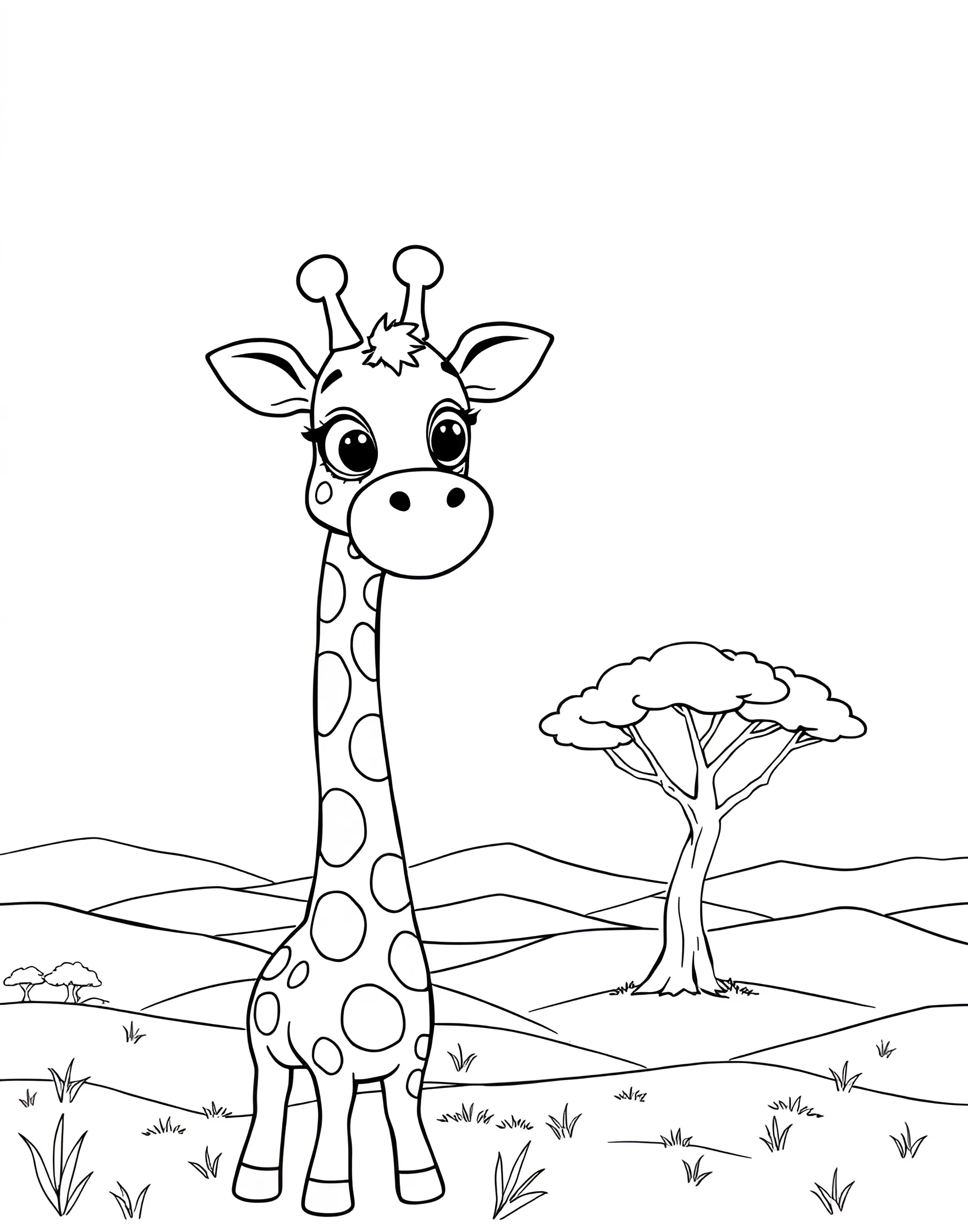 Gentle Giraffe Munching on Leaves Coloring Page -- prompt: "A cartoon giraffe stretching its long neck to eat leaves from a tall acacia tree on an African savanna." -- This serene coloring page features a tall, elegant giraffe reaching up to munch on leaves from a treetop. The giraffe's long eyelashes and kind eyes add to its gentle demeanor. This page offers a great opportunity to experiment with various shades of yellow and brown.