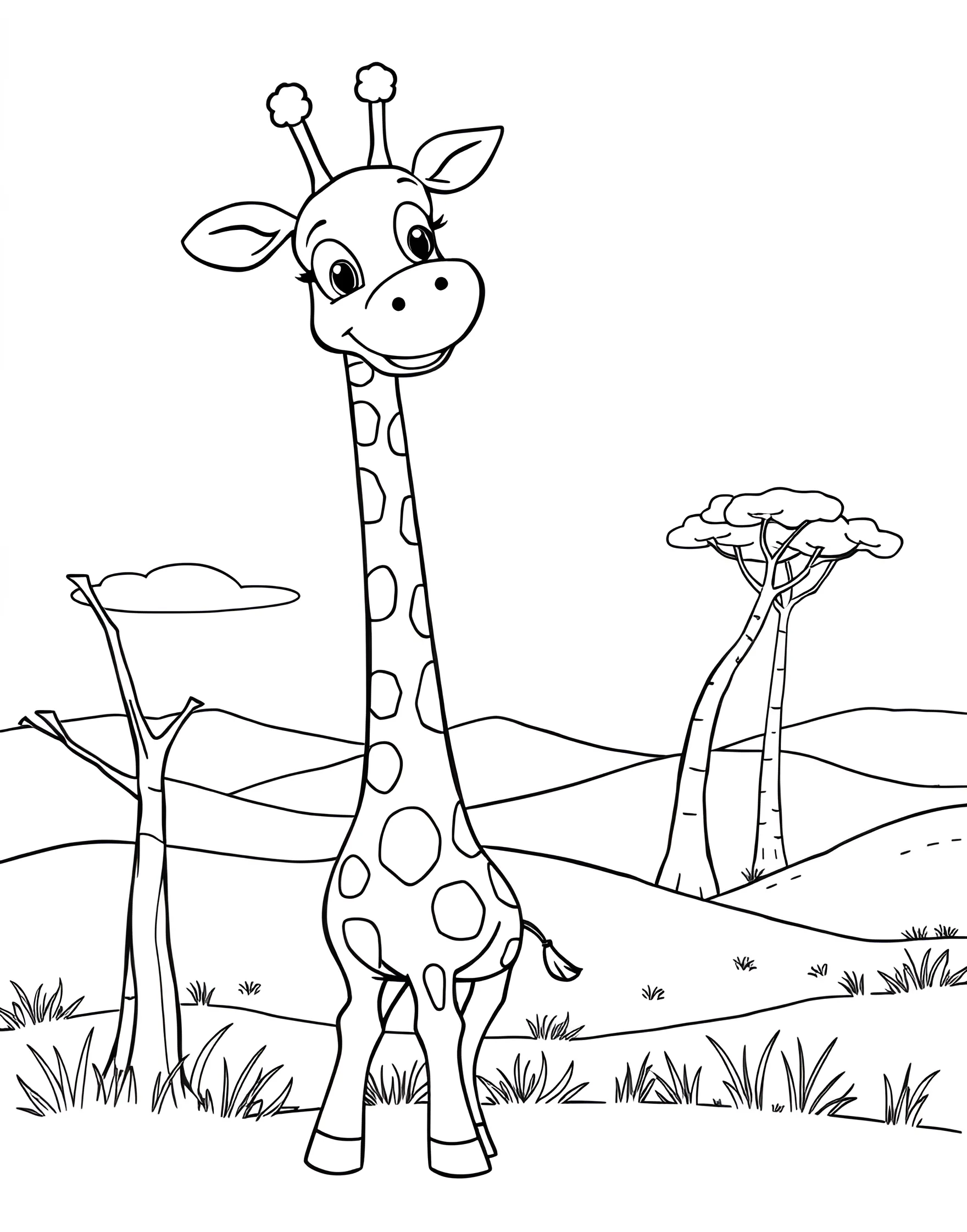 Gentle Giraffe Munching on Leaves Coloring Page -- prompt: "A cartoon giraffe stretching its long neck to eat leaves from a tall acacia tree on an African savanna." -- This serene coloring page features a tall, elegant giraffe reaching up to munch on leaves from a treetop. The giraffe's long eyelashes and kind eyes add to its gentle demeanor. This page offers a great opportunity to experiment with various shades of yellow and brown.