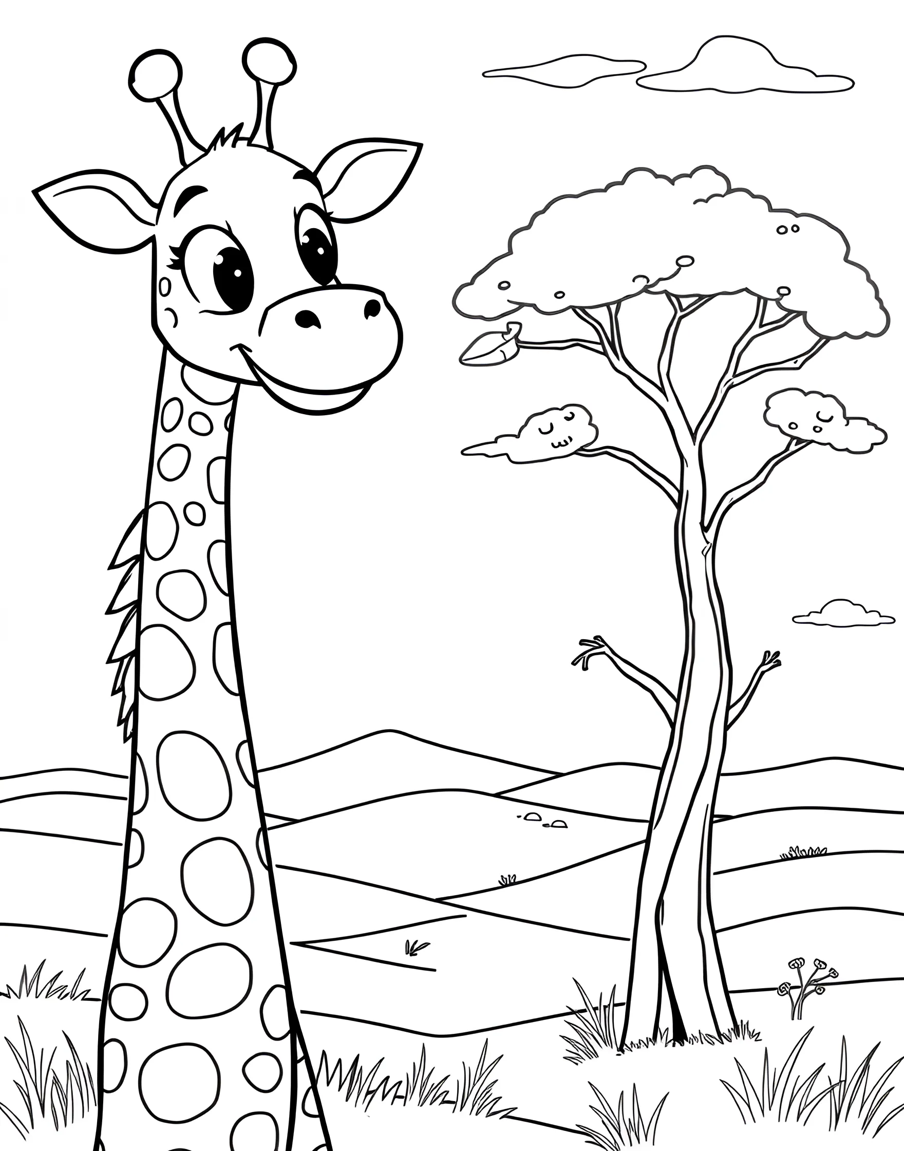 Gentle Giraffe Munching on Leaves Coloring Page -- prompt: "A cartoon giraffe stretching its long neck to eat leaves from a tall acacia tree on an African savanna." -- This serene coloring page features a tall, elegant giraffe reaching up to munch on leaves from a treetop. The giraffe's long eyelashes and kind eyes add to its gentle demeanor. This page offers a great opportunity to experiment with various shades of yellow and brown.