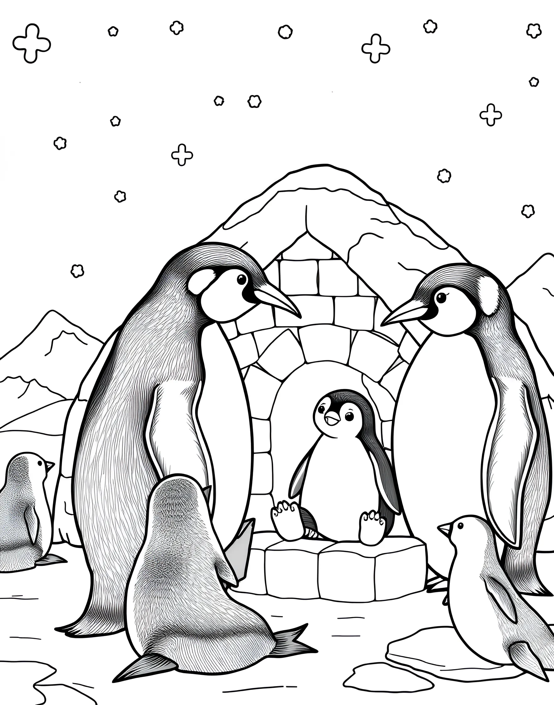 Penguin's Igloo Building Contest Coloring Page -- prompt: "Cute penguins building and decorating igloos in an Arctic landscape." -- Chill out with this adorable coloring page featuring penguins participating in an igloo building contest. The scene shows penguins stacking ice blocks, carving snow, and decorating their igloos with icy sculptures. It's a fun and cute depiction of penguin creativity in their Arctic home.