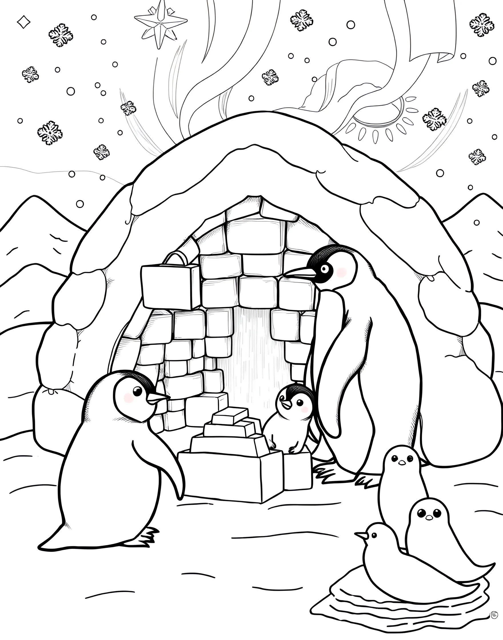 Penguin's Igloo Building Contest Coloring Page -- prompt: "Cute penguins building and decorating igloos in an Arctic landscape." -- Chill out with this adorable coloring page featuring penguins participating in an igloo building contest. The scene shows penguins stacking ice blocks, carving snow, and decorating their igloos with icy sculptures. It's a fun and cute depiction of penguin creativity in their Arctic home.