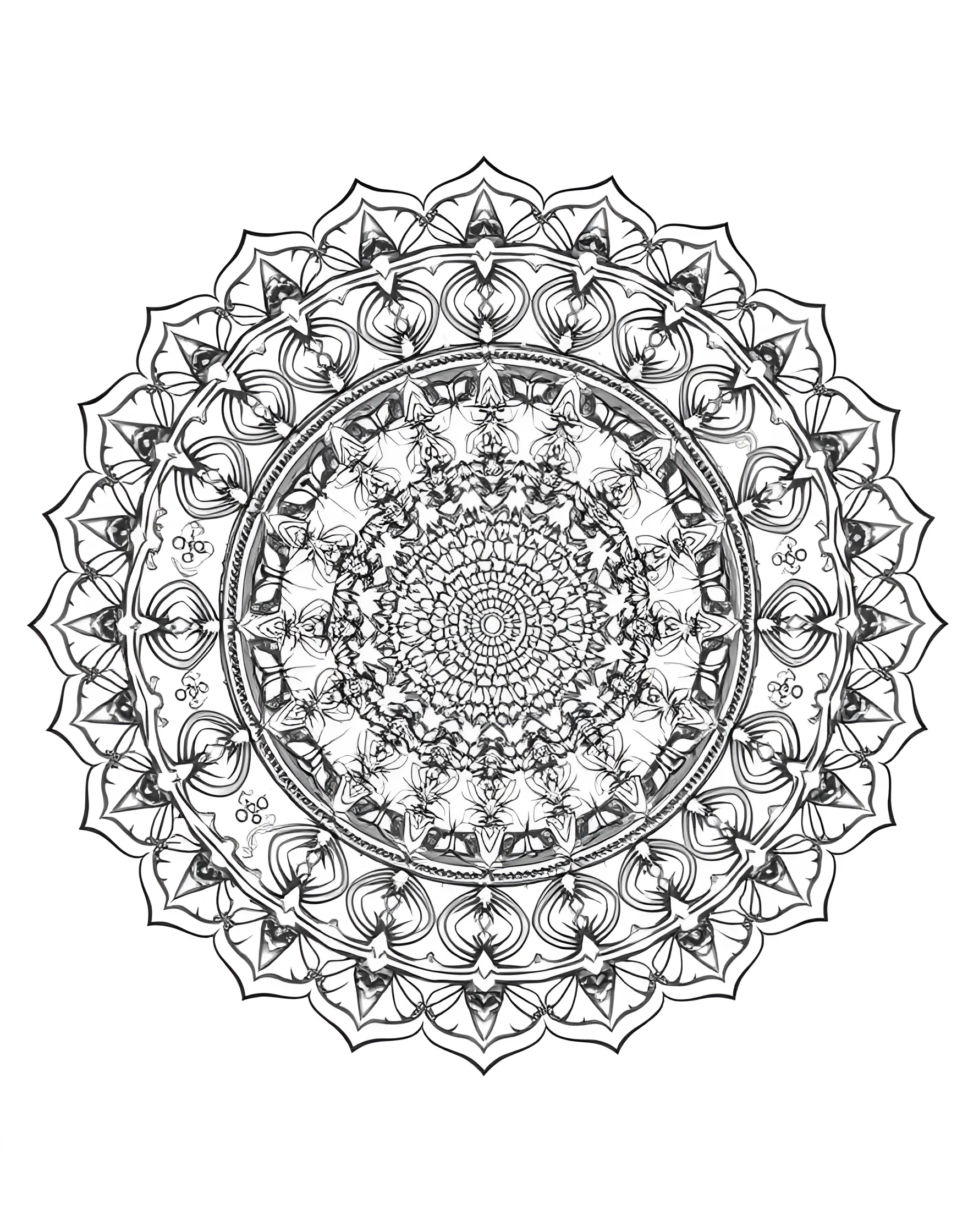 Fractal Fantasy Mandala Coloring Page -- prompt: "A mandala featuring fractal patterns that repeat and scale within the circular design, creating a sense of infinite complexity." -- Explore the infinite complexity of fractals with this mesmerizing mandala. Self-repeating patterns create a sense of endless depth within the circular design. Let your color choices enhance the hypnotic nature of this mathematical marvel.