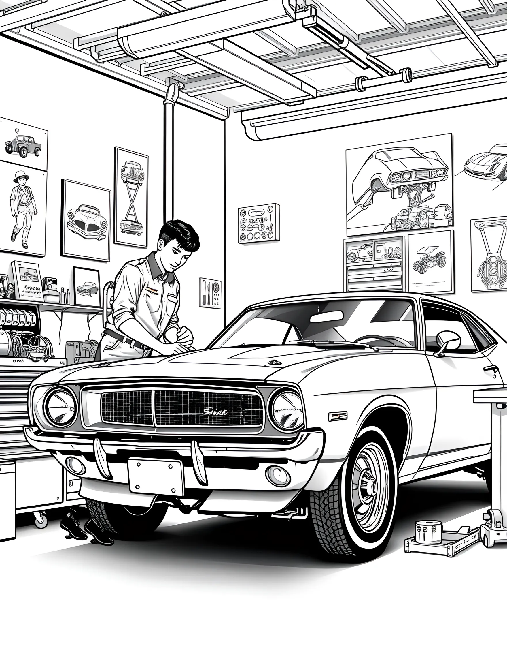 Car Getting a Tune-Up in a Garage Coloring Page -- prompt: "A car with its hood open being worked on by a mechanic in a garage with tools and equipment visible." -- Peek under the hood with this educational coloring page depicting a car being serviced in a garage. The scene includes a mechanic working on the vehicle, surrounded by tools and equipment. It's a great way to introduce kids to basic car maintenance and the importance of regular check-ups.