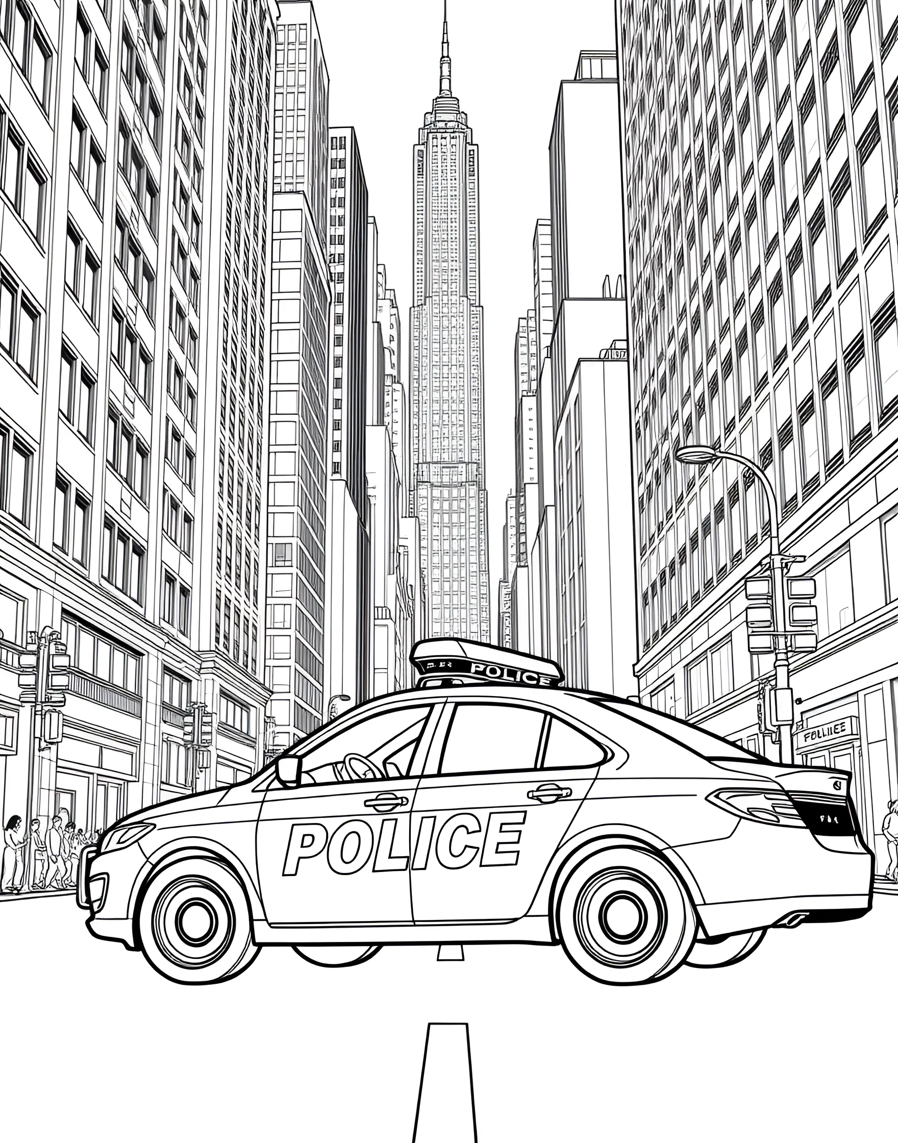 Police Car on Patrol Coloring Page -- prompt: "A police car driving on a city street with buildings in the background." -- This coloring page features a sleek police car cruising down a city street on patrol. The car's distinctive black and white design is prominently displayed, complete with flashing lights on top. In the background, you can see city buildings, giving young artists the chance to add some urban flair to their creation.