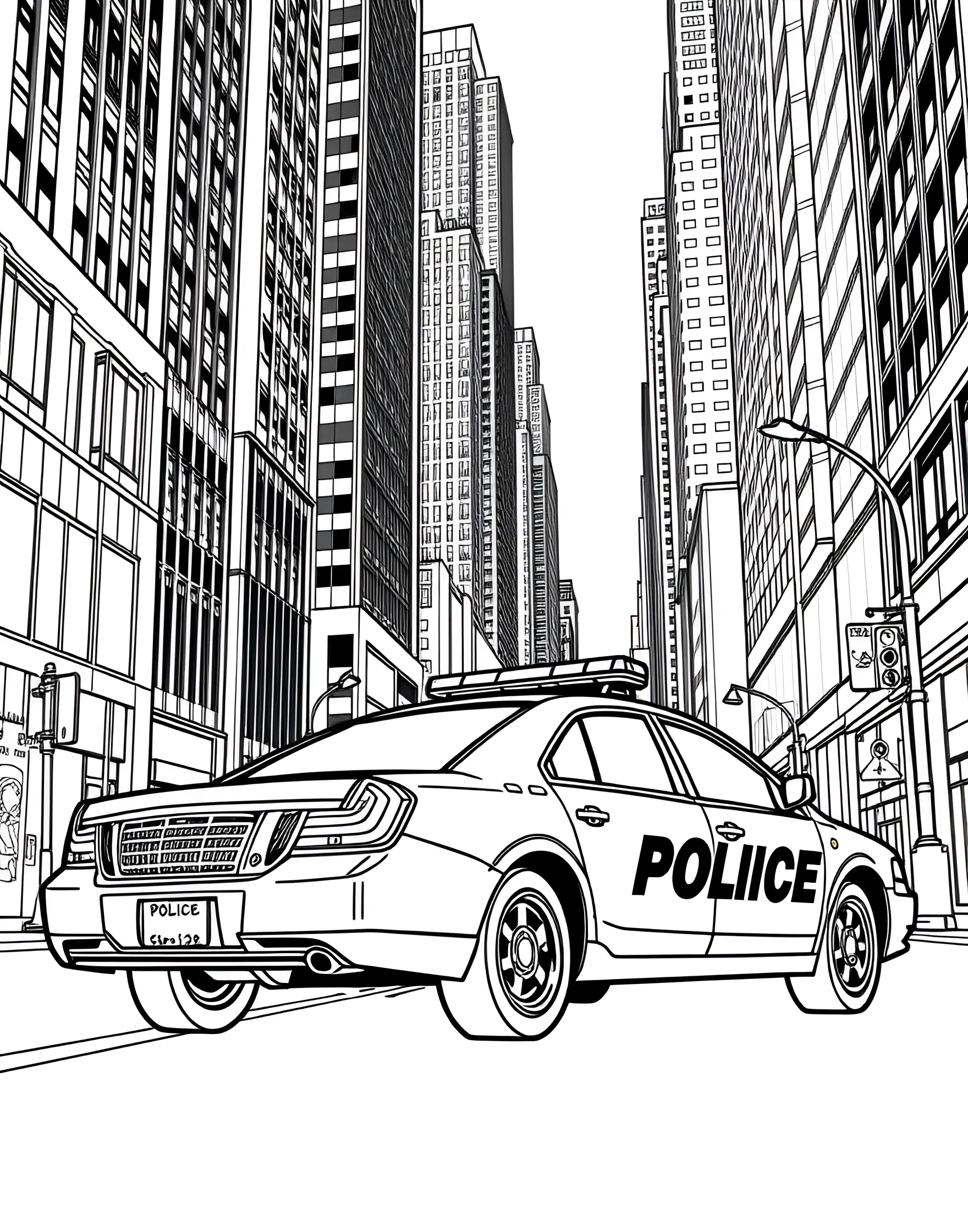 Police Car on Patrol Coloring Page -- prompt: "A police car driving on a city street with buildings in the background." -- This coloring page features a sleek police car cruising down a city street on patrol. The car's distinctive black and white design is prominently displayed, complete with flashing lights on top. In the background, you can see city buildings, giving young artists the chance to add some urban flair to their creation.