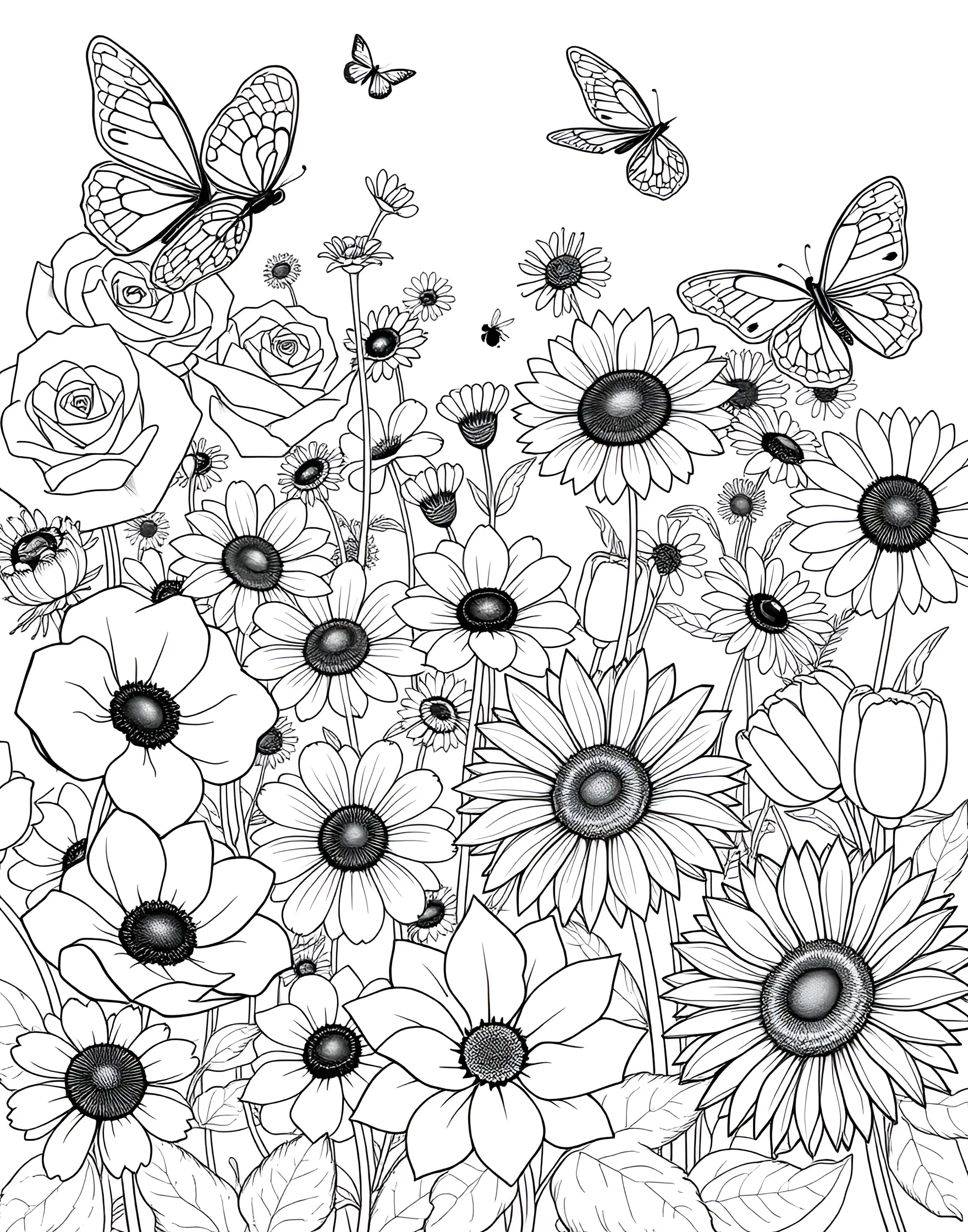 Vibrant Butterfly Garden Coloring Page -- prompt: "A garden scene with various flowers and colorful butterflies flying among the blooms." -- Bring a garden to life with this vibrant butterfly garden coloring page. Colorful butterflies flit among a variety of flowers, creating a lively and dynamic scene. This page is great for those who love combining flora and fauna in their coloring adventures.