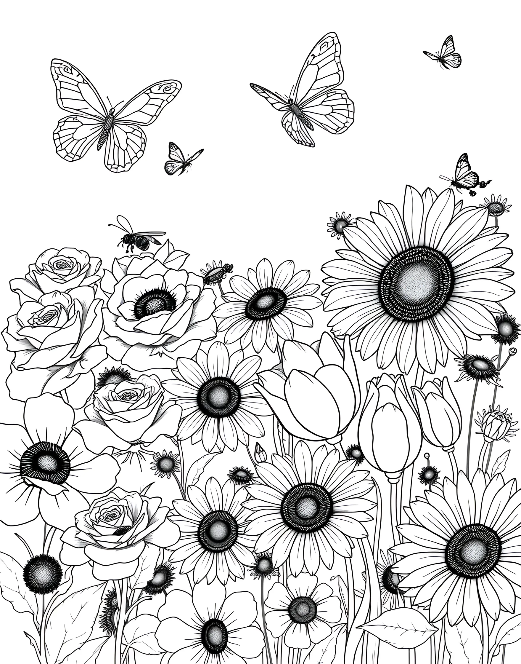 Vibrant Butterfly Garden Coloring Page -- prompt: "A garden scene with various flowers and colorful butterflies flying among the blooms." -- Bring a garden to life with this vibrant butterfly garden coloring page. Colorful butterflies flit among a variety of flowers, creating a lively and dynamic scene. This page is great for those who love combining flora and fauna in their coloring adventures.