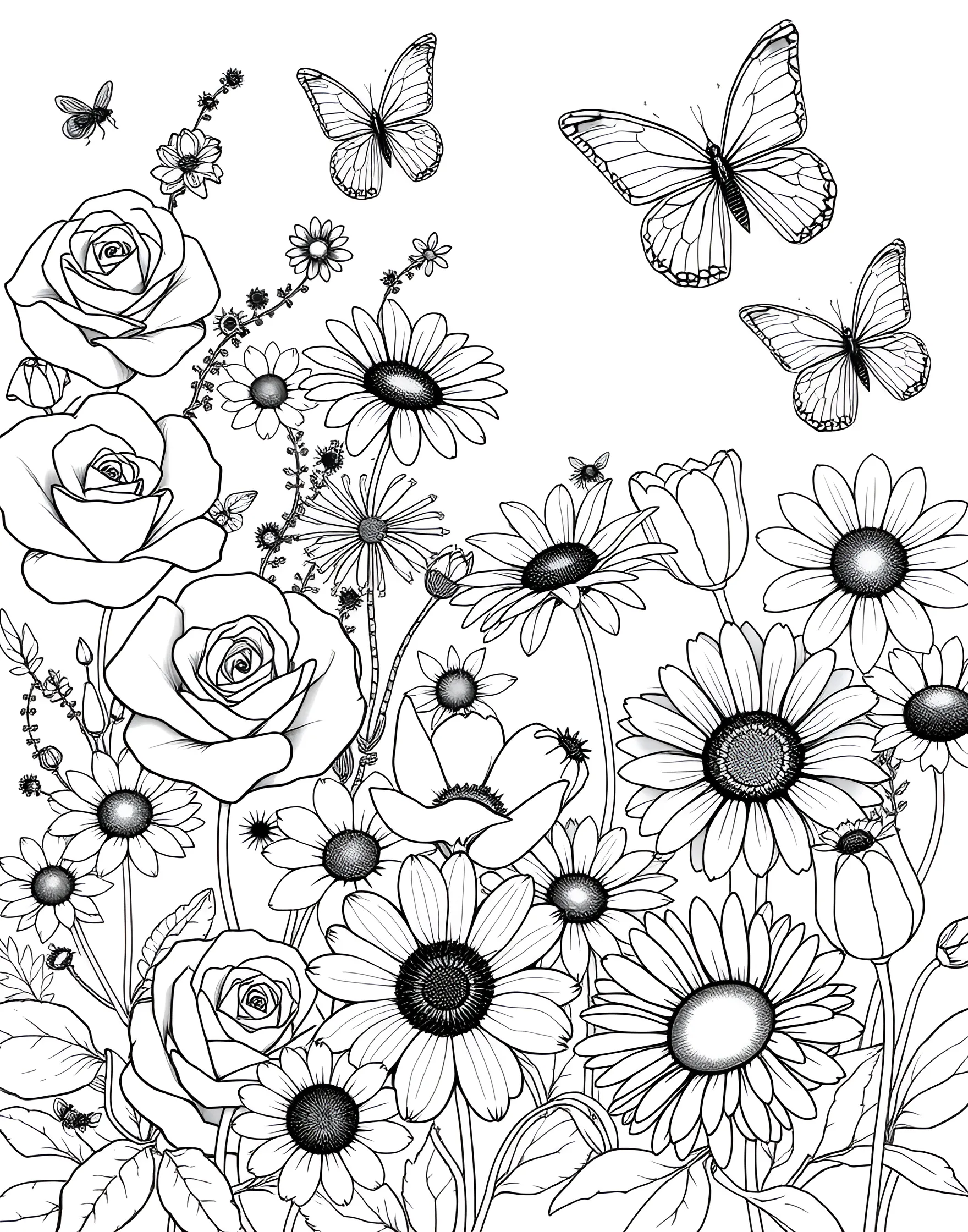 Vibrant Butterfly Garden Coloring Page -- prompt: "A garden scene with various flowers and colorful butterflies flying among the blooms." -- Bring a garden to life with this vibrant butterfly garden coloring page. Colorful butterflies flit among a variety of flowers, creating a lively and dynamic scene. This page is great for those who love combining flora and fauna in their coloring adventures.