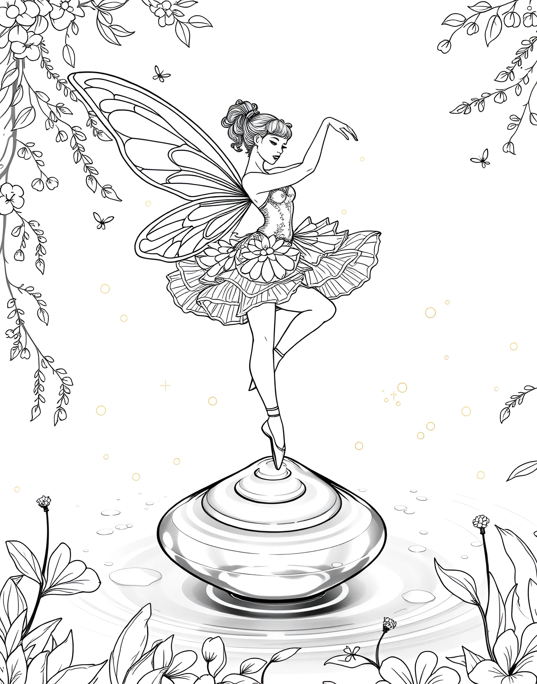 Fairy Ballerina Dancing on a Dewdrop Coloring Page -- prompt: "A fairy ballerina performing a dance move on top of a large dewdrop, with ripples surrounding her feet." -- This delicate coloring page features a graceful fairy ballerina performing a pirouette atop a glistening dewdrop. Her tutu and wings are adorned with intricate patterns, and tiny water ripples surround her dainty feet. This page is perfect for those who love adding fine details and soft, pastel hues to their artwork.