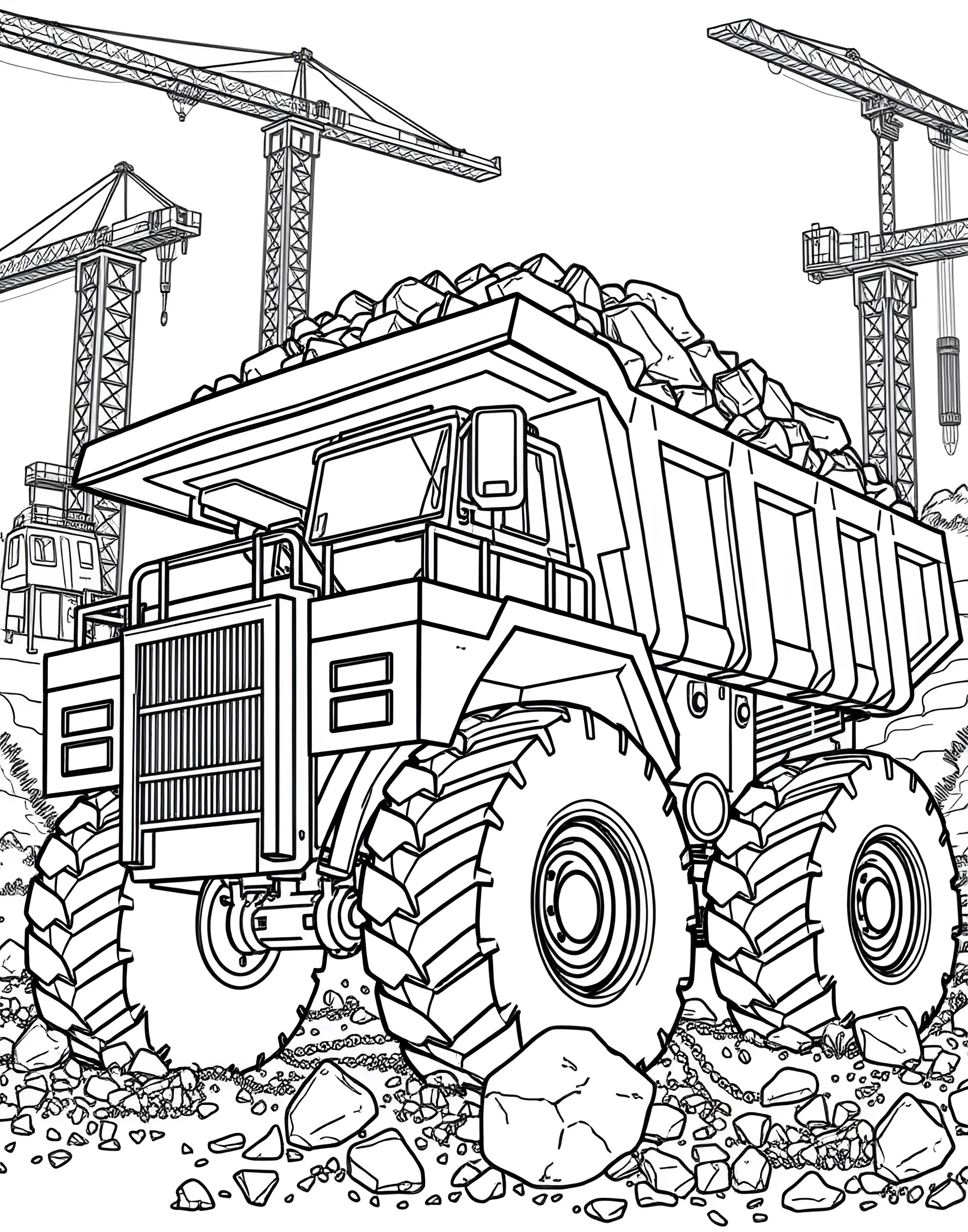 Construction Site Dump Truck Coloring Page -- prompt: "A large dump truck filled with rocks and dirt at a busy construction site." -- It's time to get to work with this Construction Site Dump Truck coloring page! The sturdy dump truck is shown loaded with rocks and dirt, ready to help build something amazing. This page offers a great opportunity to discuss different construction vehicles and their purposes while enjoying some creative coloring time.