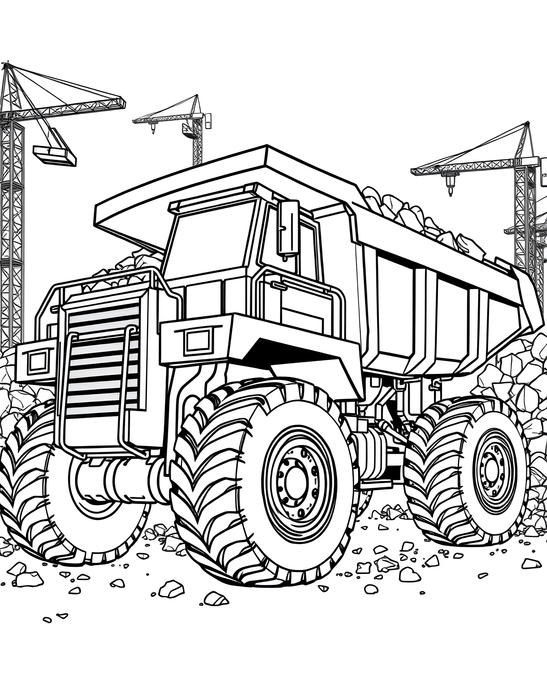 Construction Site Dump Truck Coloring Page -- prompt: "A large dump truck filled with rocks and dirt at a busy construction site." -- It's time to get to work with this Construction Site Dump Truck coloring page! The sturdy dump truck is shown loaded with rocks and dirt, ready to help build something amazing. This page offers a great opportunity to discuss different construction vehicles and their purposes while enjoying some creative coloring time.