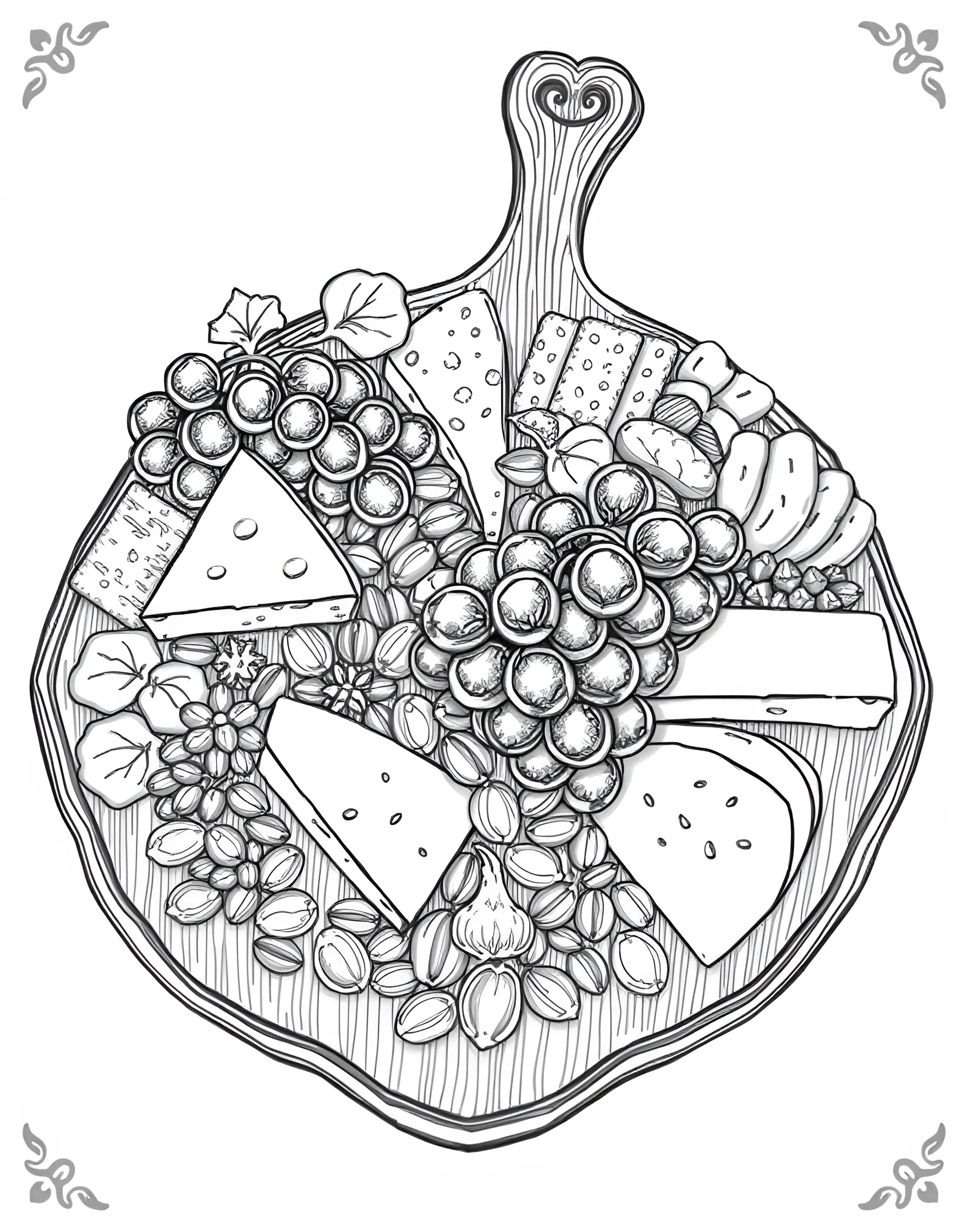 Cheese Platter Paradise Coloring Page -- prompt: "A wooden board with an assortment of cheeses, grapes, nuts, and crackers." -- This sophisticated coloring page features an elegant cheese platter. Various types of cheeses, along with accompaniments like grapes and crackers, are artfully arranged. It's a great opportunity to learn about different cheese varieties while enjoying a relaxing coloring session.