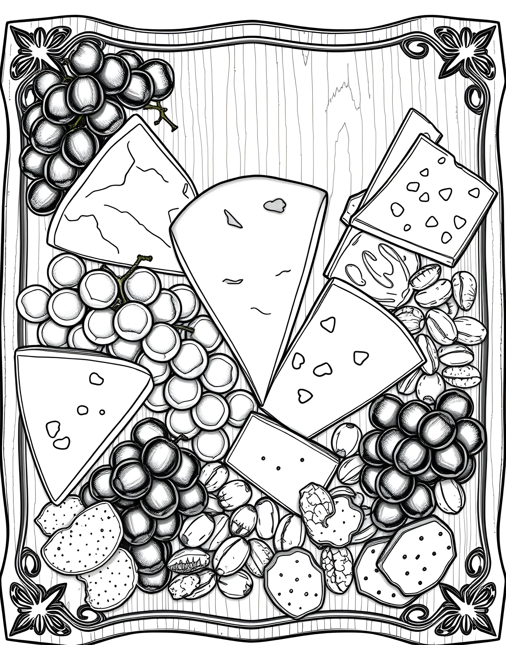 Cheese Platter Paradise Coloring Page -- prompt: "A wooden board with an assortment of cheeses, grapes, nuts, and crackers." -- This sophisticated coloring page features an elegant cheese platter. Various types of cheeses, along with accompaniments like grapes and crackers, are artfully arranged. It's a great opportunity to learn about different cheese varieties while enjoying a relaxing coloring session.