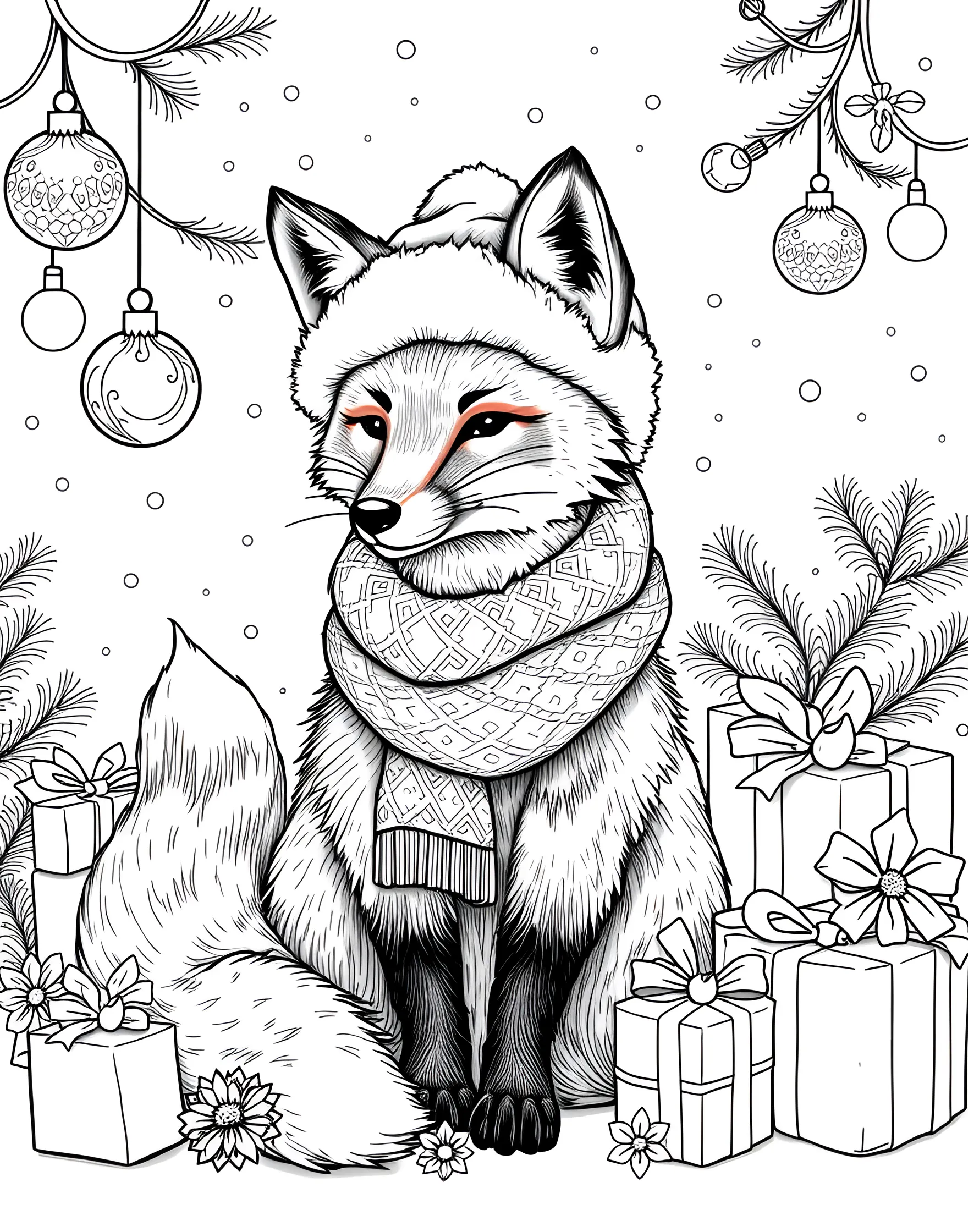 Festive Fox in Holiday Attire Coloring Page -- prompt: "A fox wearing a Santa hat and scarf, surrounded by Christmas decorations." -- Celebrate the holiday season with this merry coloring page of a fox dressed in festive attire. The fox is wearing a Santa hat and scarf, surrounded by Christmas decorations and gifts. It's a perfect page for getting into the holiday spirit and using traditional red and green color schemes.