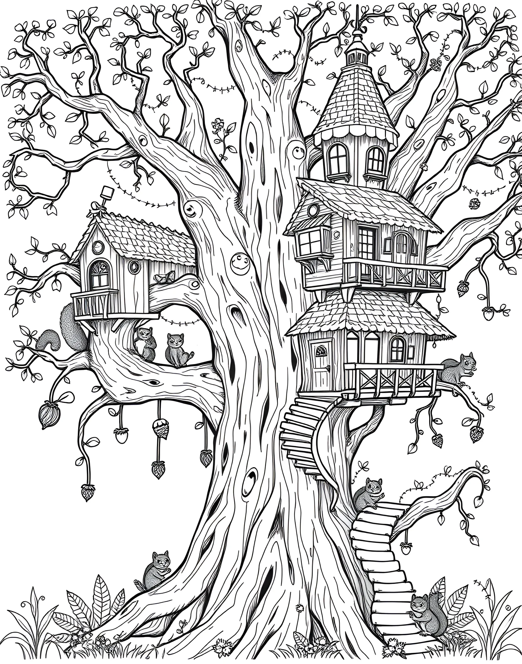 Squirrel's Treehouse Village Coloring Page -- prompt: "A cute squirrel village with treehouses, bridges, and slides in a large tree." -- Explore a world of arboreal wonder with this charming coloring page featuring a village of squirrel treehouses. The scene shows multiple levels of cute squirrel homes connected by bridges and slides, with busy squirrels going about their day. It's a delightful blend of nature and whimsy that's sure to captivate.