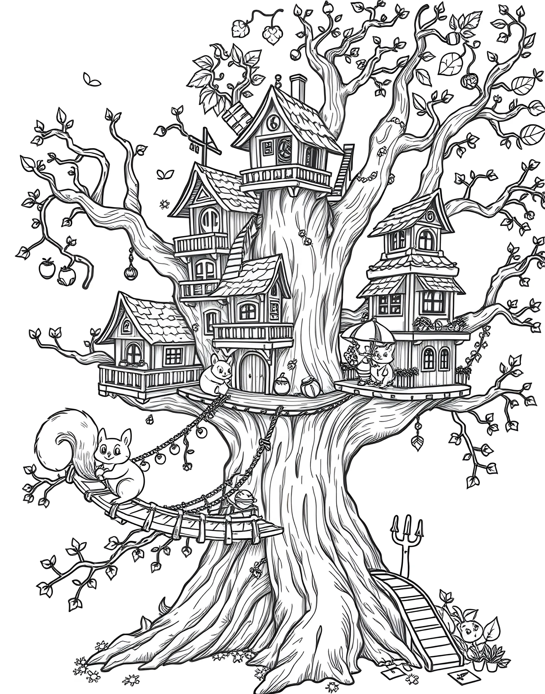 Squirrel's Treehouse Village Coloring Page -- prompt: "A cute squirrel village with treehouses, bridges, and slides in a large tree." -- Explore a world of arboreal wonder with this charming coloring page featuring a village of squirrel treehouses. The scene shows multiple levels of cute squirrel homes connected by bridges and slides, with busy squirrels going about their day. It's a delightful blend of nature and whimsy that's sure to captivate.