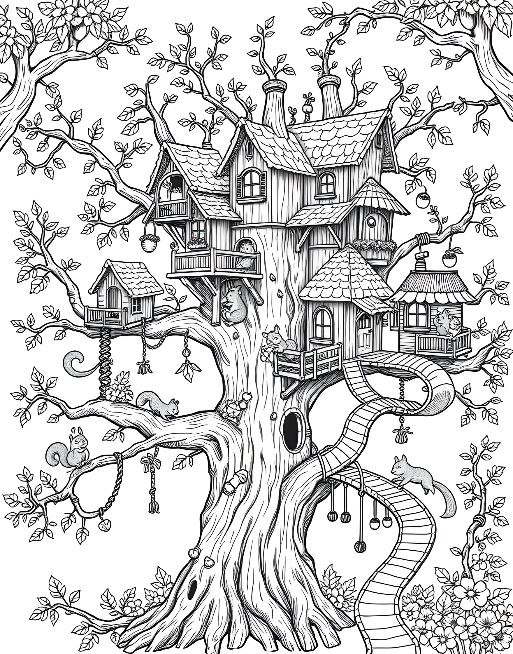 Squirrel's Treehouse Village Coloring Page -- prompt: "A cute squirrel village with treehouses, bridges, and slides in a large tree." -- Explore a world of arboreal wonder with this charming coloring page featuring a village of squirrel treehouses. The scene shows multiple levels of cute squirrel homes connected by bridges and slides, with busy squirrels going about their day. It's a delightful blend of nature and whimsy that's sure to captivate.