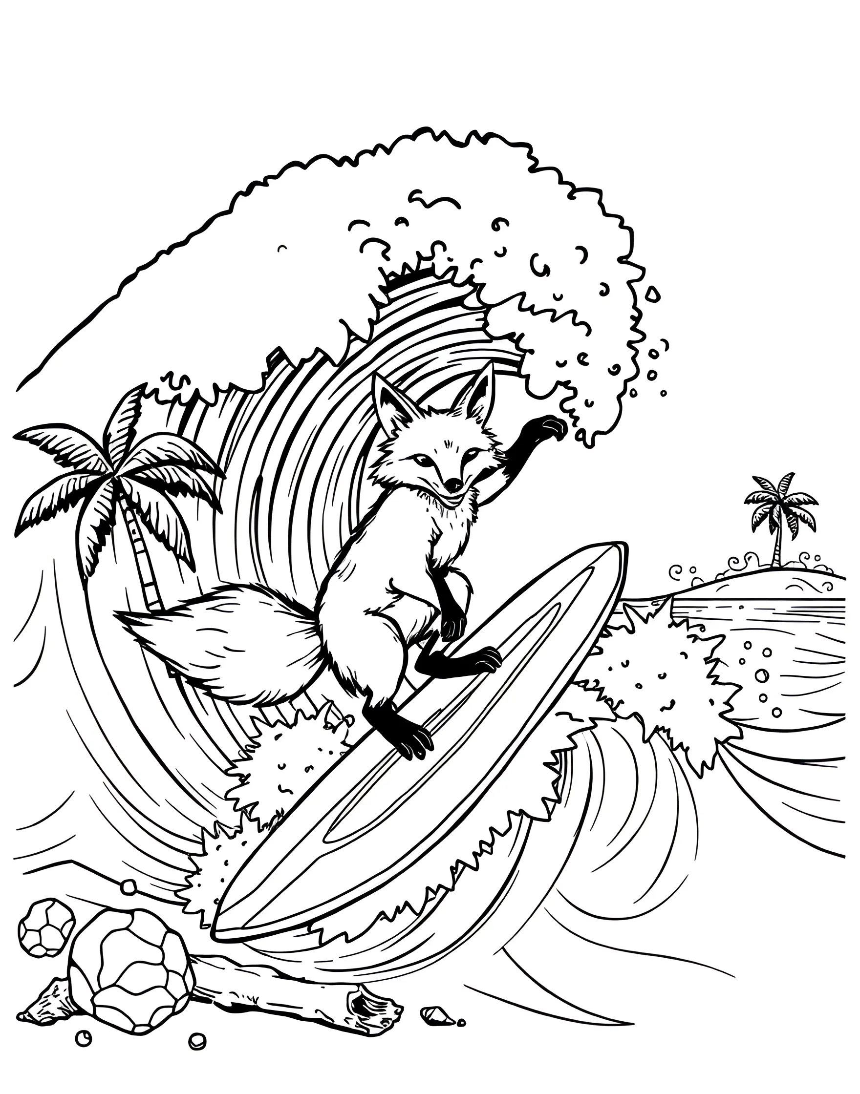 Fox Surfer Riding a Wave Coloring Page -- prompt: "A fox surfing on a big wave with a beach and palm trees in the background." -- Catch some gnarly waves with this cool coloring page of a fox surfer. The fox is shown riding a large wave, with a tropical beach scene in the background. This page is perfect for summer vibes and those who love adding bright, beachy colors to their coloring projects.