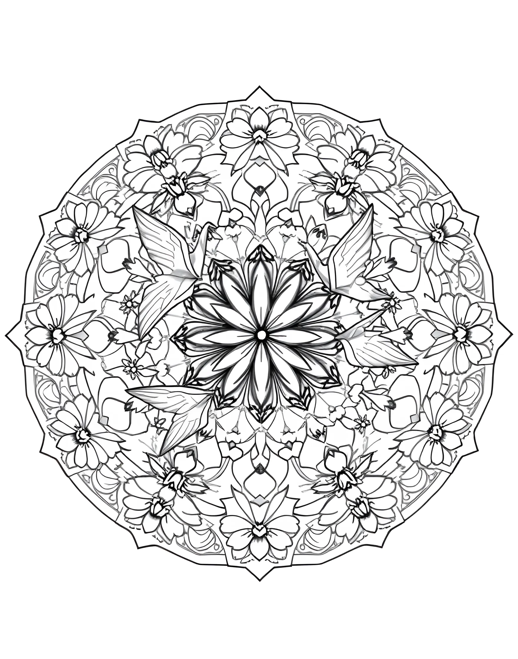 Origami Crane Mandala Coloring Page -- prompt: "A mandala featuring origami crane motifs and folded paper patterns arranged in a circular, Japanese-inspired design." -- Embrace the art of paper folding with this origami-inspired mandala. Delicate cranes and geometric folds create a unique circular pattern. Let the precision and beauty of origami guide your coloring techniques.