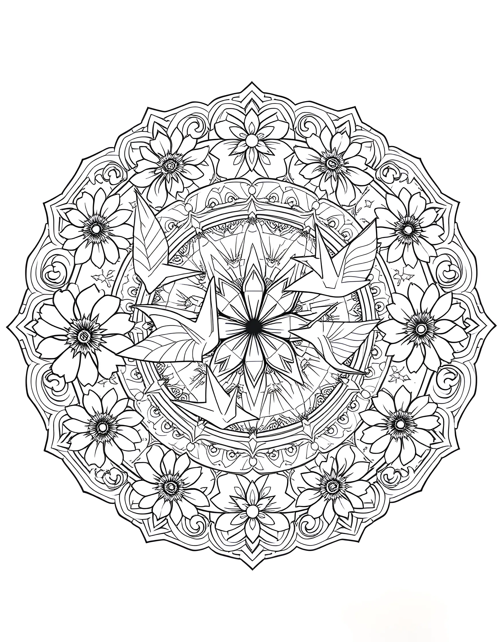 Origami Crane Mandala Coloring Page -- prompt: "A mandala featuring origami crane motifs and folded paper patterns arranged in a circular, Japanese-inspired design." -- Embrace the art of paper folding with this origami-inspired mandala. Delicate cranes and geometric folds create a unique circular pattern. Let the precision and beauty of origami guide your coloring techniques.