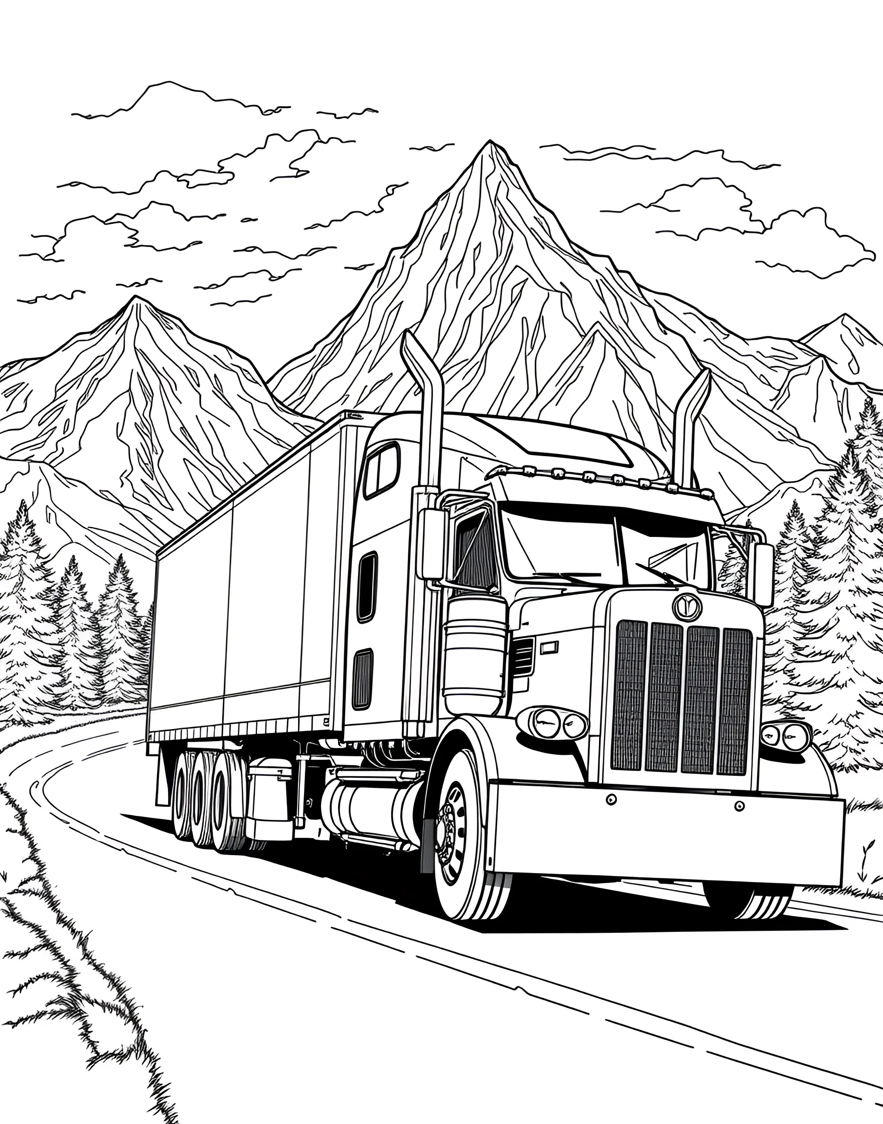 Big Rig on the Highway Coloring Page -- prompt: "A semi-truck driving on a highway with mountains in the background." -- Hit the open road with this Big Rig on the Highway coloring page! The powerful semi-truck is shown cruising down a long stretch of highway, ready to deliver its important cargo. Kids can add their own touch to the truck's design and imagine the adventures of long-haul truckers as they color.