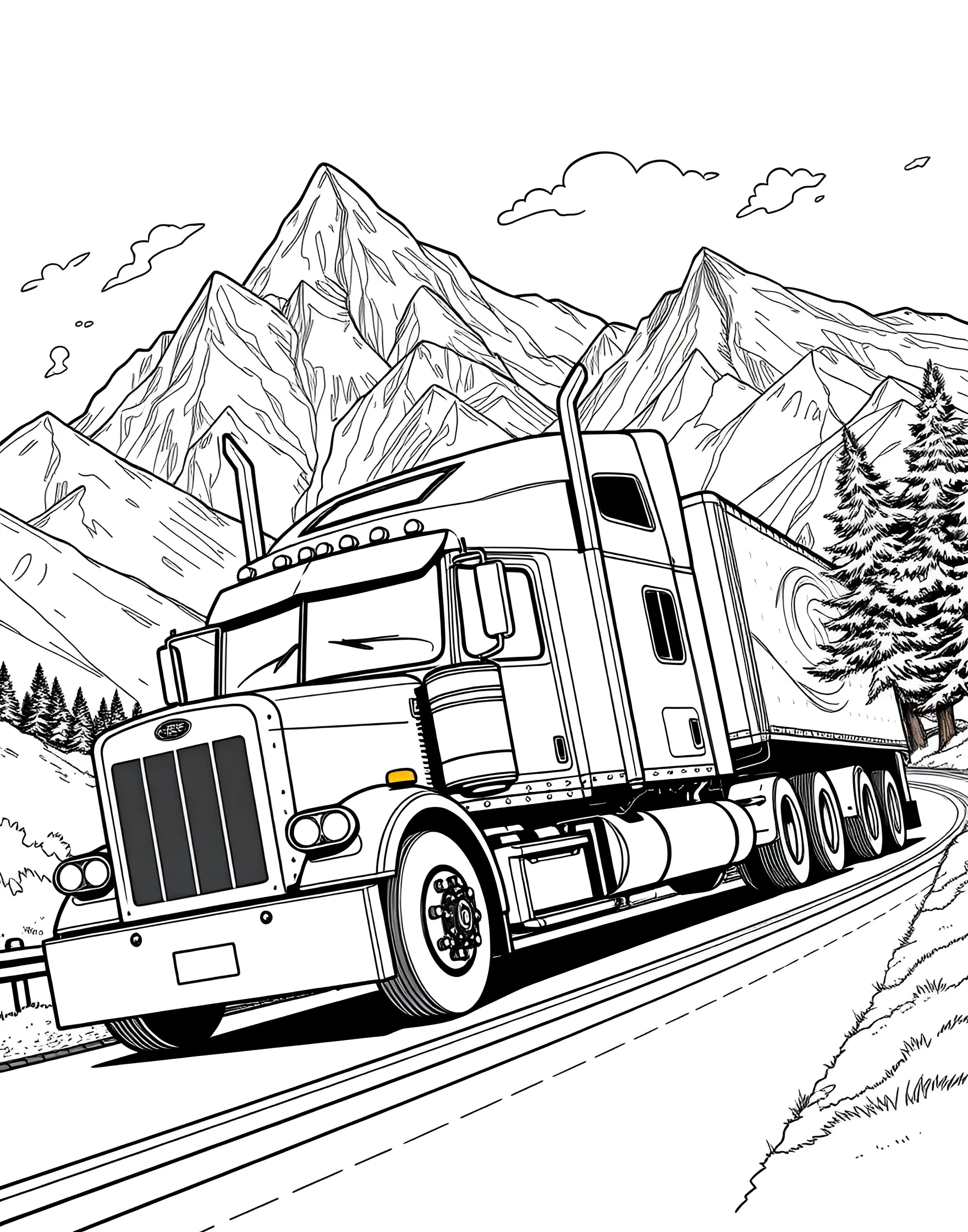 Big Rig on the Highway Coloring Page -- prompt: "A semi-truck driving on a highway with mountains in the background." -- Hit the open road with this Big Rig on the Highway coloring page! The powerful semi-truck is shown cruising down a long stretch of highway, ready to deliver its important cargo. Kids can add their own touch to the truck's design and imagine the adventures of long-haul truckers as they color.